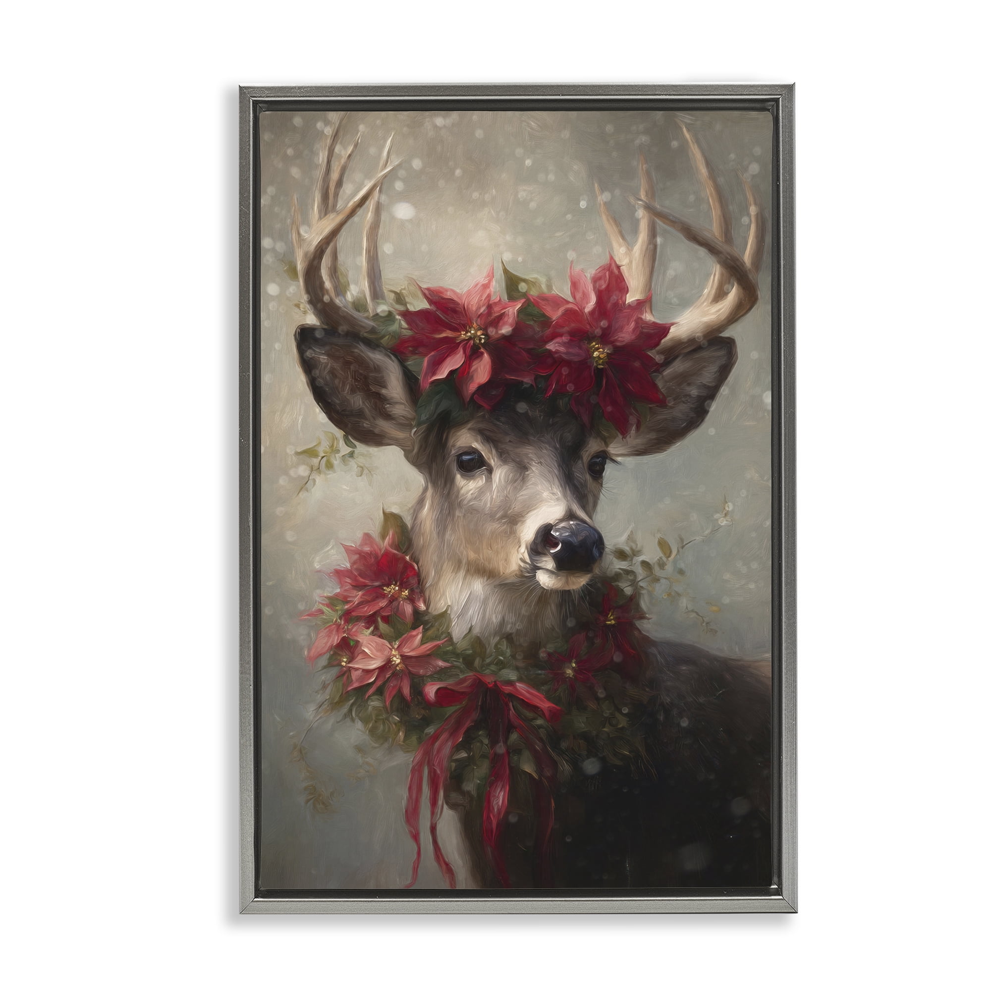 Stupell Industries Poinsettia Christmas Deer Gray Framed Floater Canvas Wall Art, design by Tina LeCour