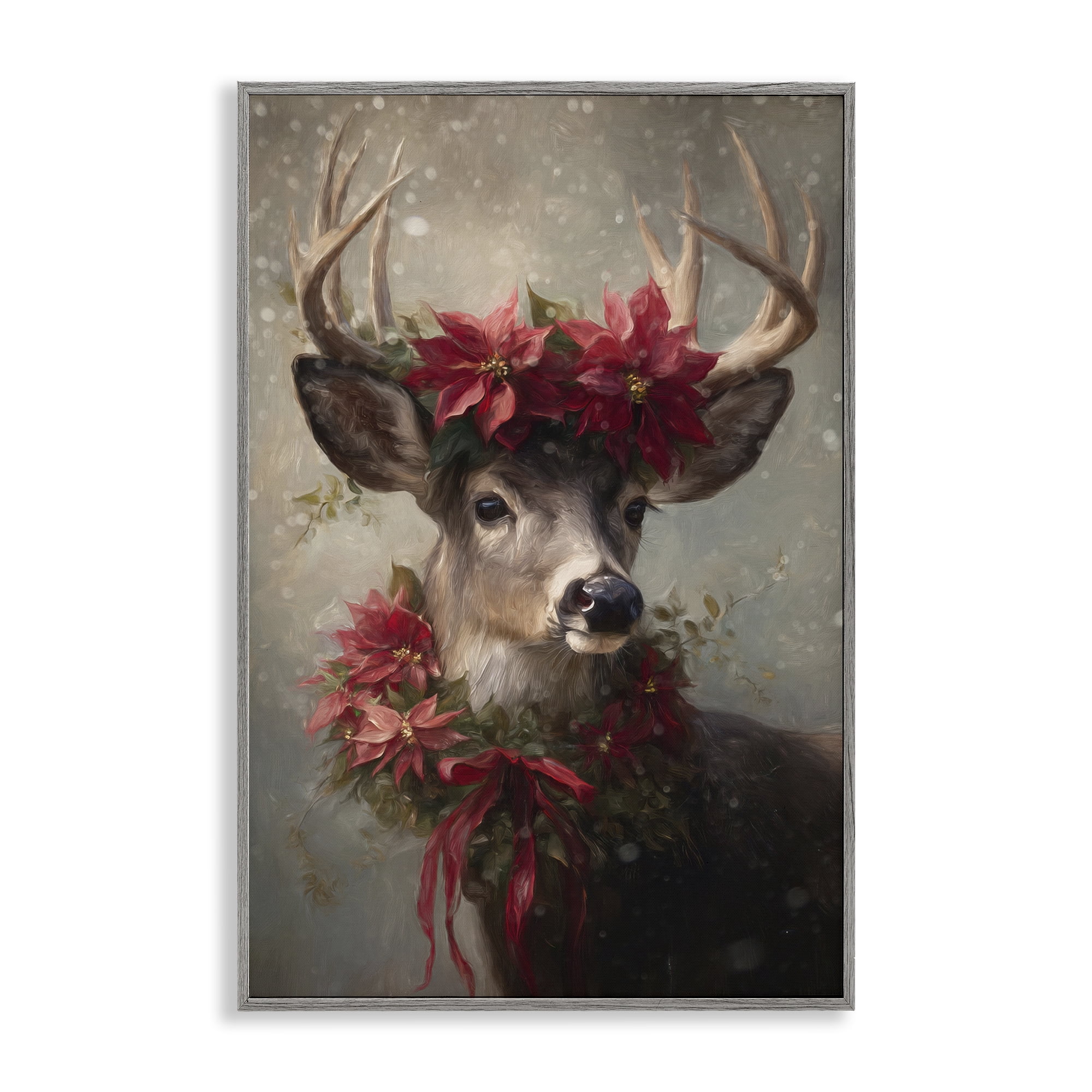 Stupell Industries Poinsettia Christmas Deer Gray Framed Giclee Art, design by Tina LeCour