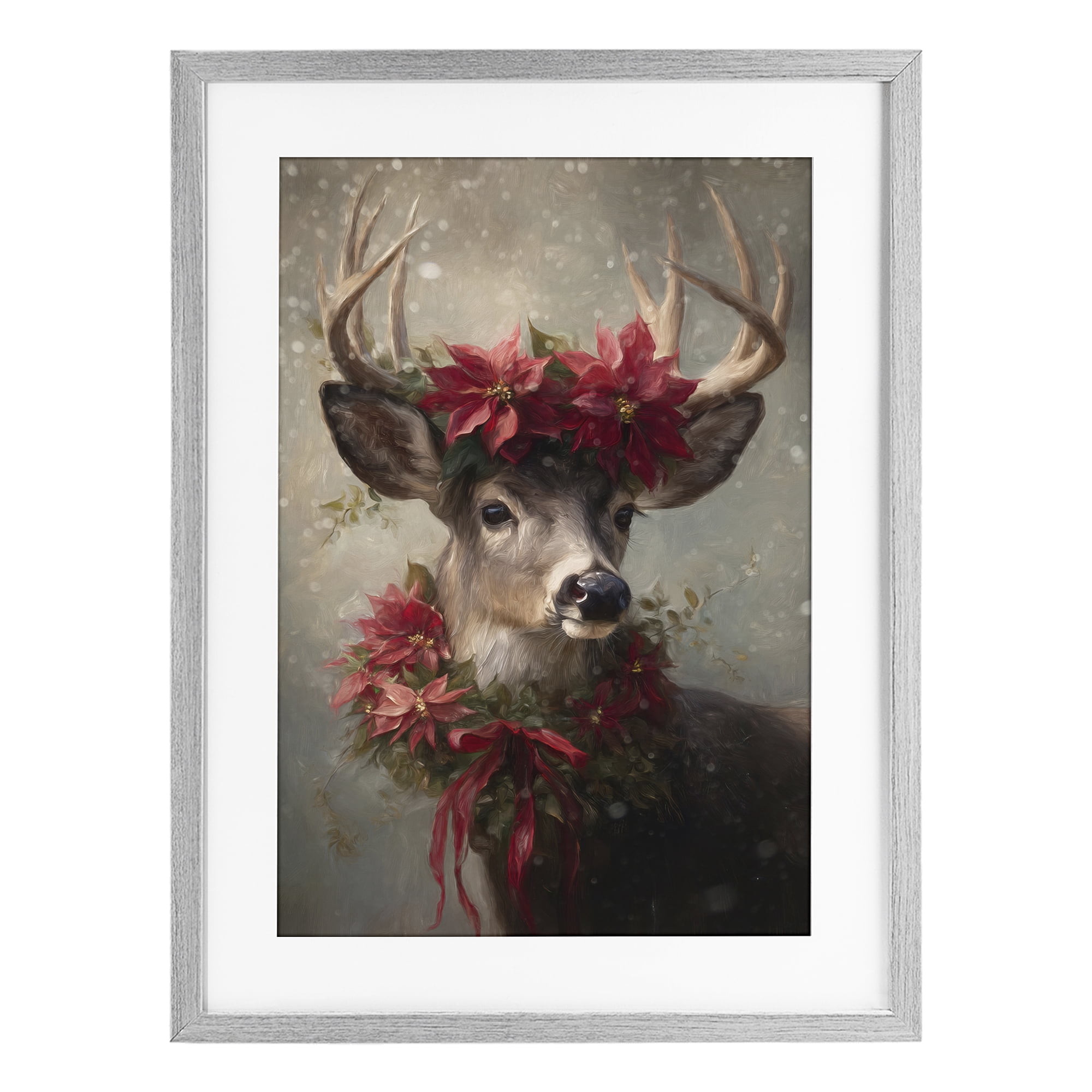 Stupell Industries Poinsettia Christmas Deer Gray Framed Print Under Glass, design by Tina LeCour