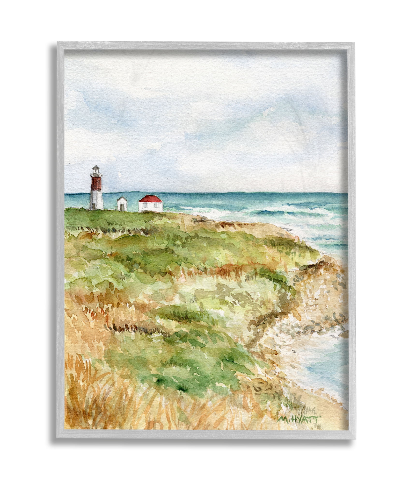 Stupell Industries Point Judith Cliffside Lighthouse Coastal Landscape Grey Framed, 16 x 20, Design by Melissa Hyatt LLC