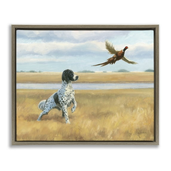 Stupell Industries Pointer Dog & Pheasant Animals & Insects Painting Brown Floater Framed Canvas Art Print Wall Art, 21 x 17