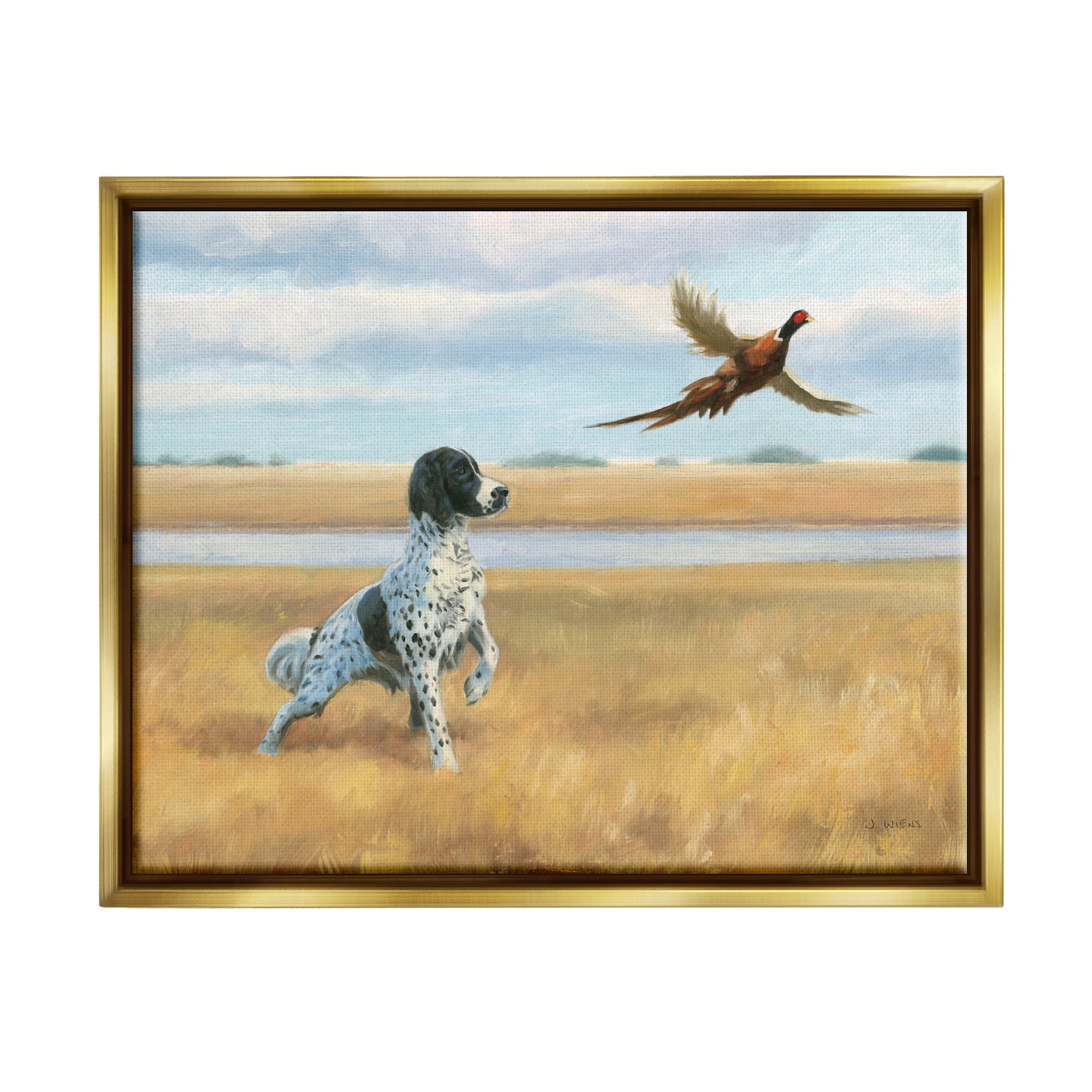 Stupell Industries Pointer Dog & Pheasant Animals & Insects Painting Gold Floater Framed Art Print Wall Art, 21 x 17