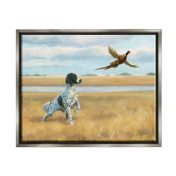 Stupell Industries Pointer Dog & Pheasant Animals & Insects Painting Gray Floater Framed Art Print Wall Art, 31 x 25
