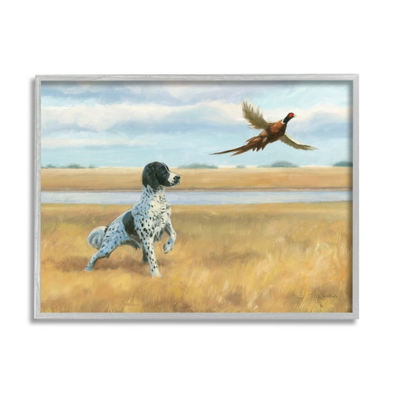 Stupell Industries Pointer Dog & Pheasant Animals & Insects Painting Gray Framed Art Print Wall Art, 14 x 11