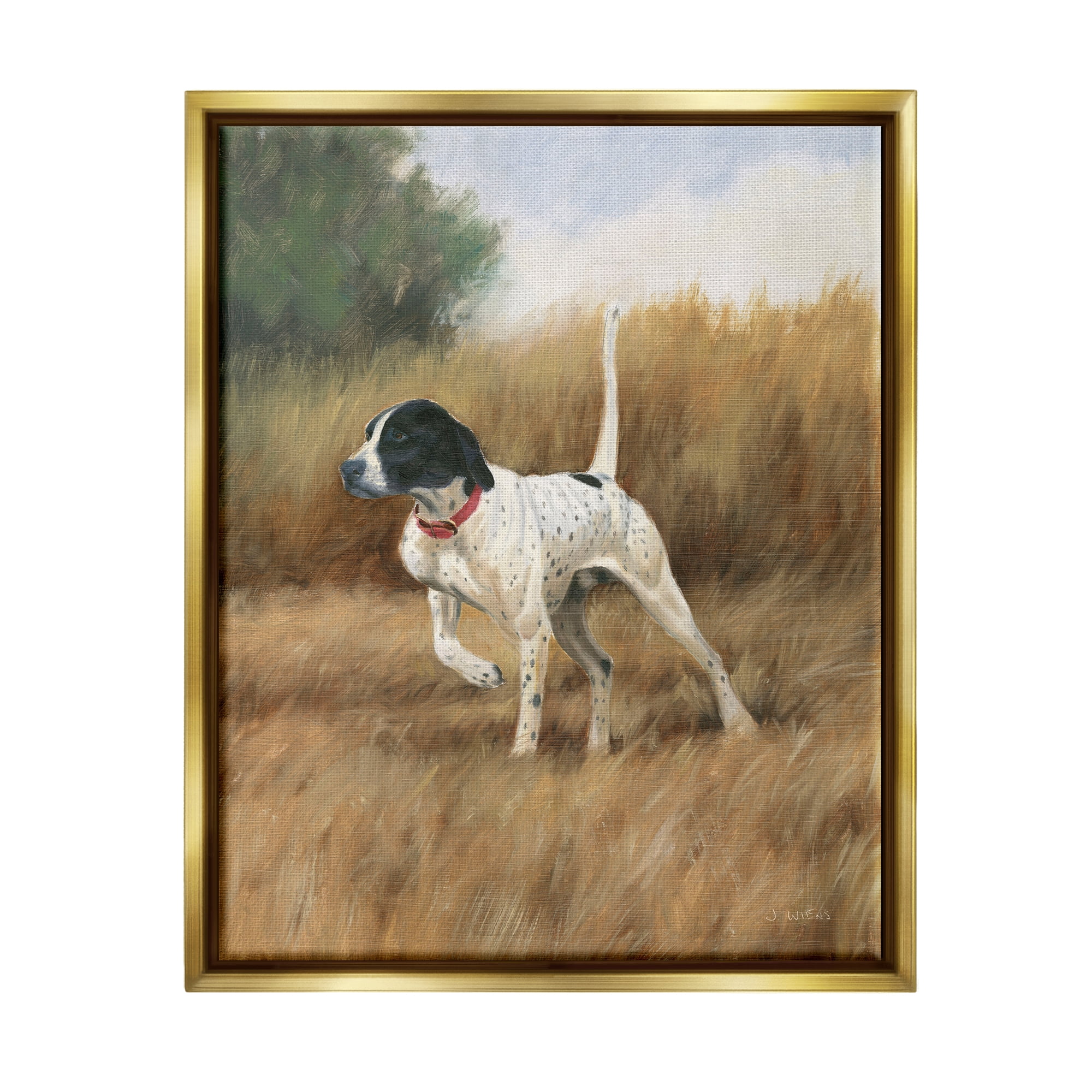 Stupell Industries Pointer Dog in Field Animals & Insects Painting Gold Floater Framed Art Print Wall Art, 17 x 21