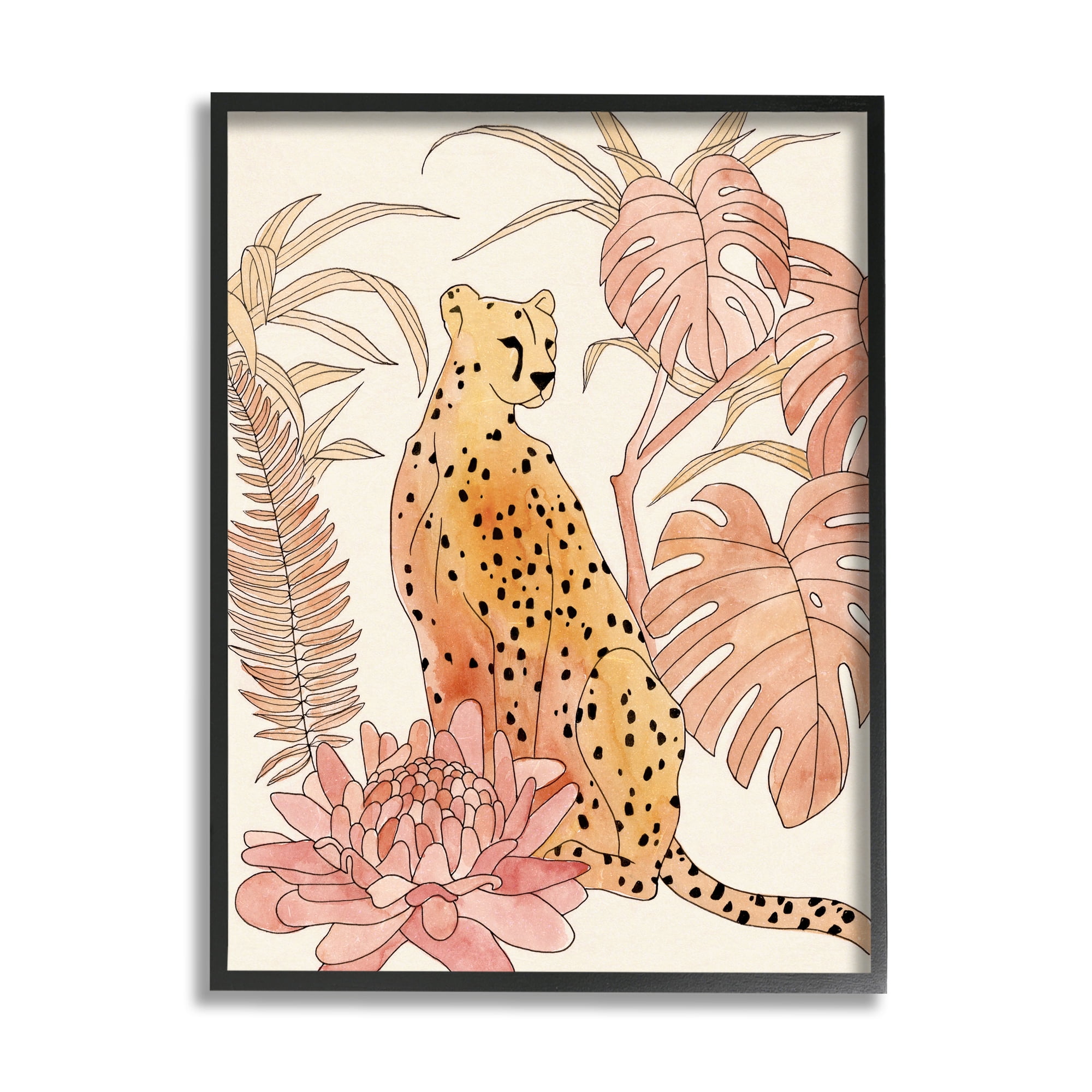 Stupell Industries Poised Cheetah Tropical Blush Monstera Fern Forest Animals & Insects Painting Black Framed Art Print Wall Art, 11 x 14