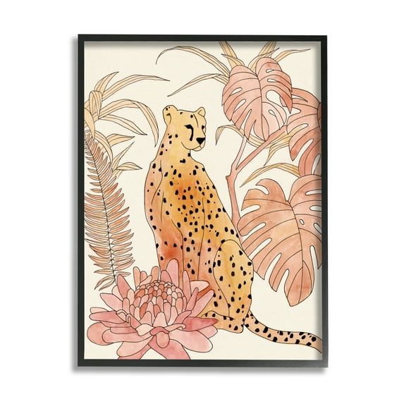 Stupell Industries Poised Cheetah Tropical Blush Monstera Fern Forest Animals & Insects Painting Black Framed Art Print Wall Art, 11 x 14