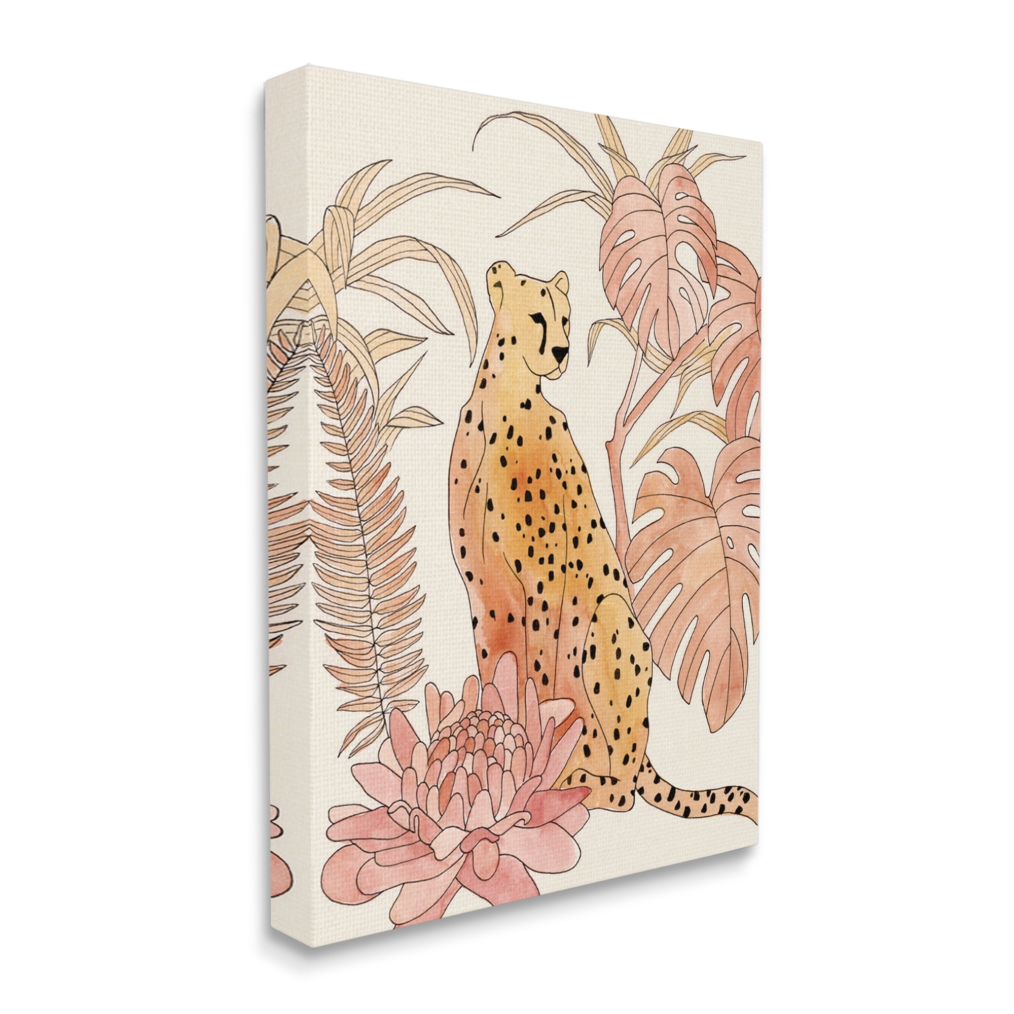 Stupell Industries Poised Cheetah Tropical Blush Monstera Fern Forest Animals & Insects Painting Gallery Wrapped Canvas Print Wall Art, 24 x 30