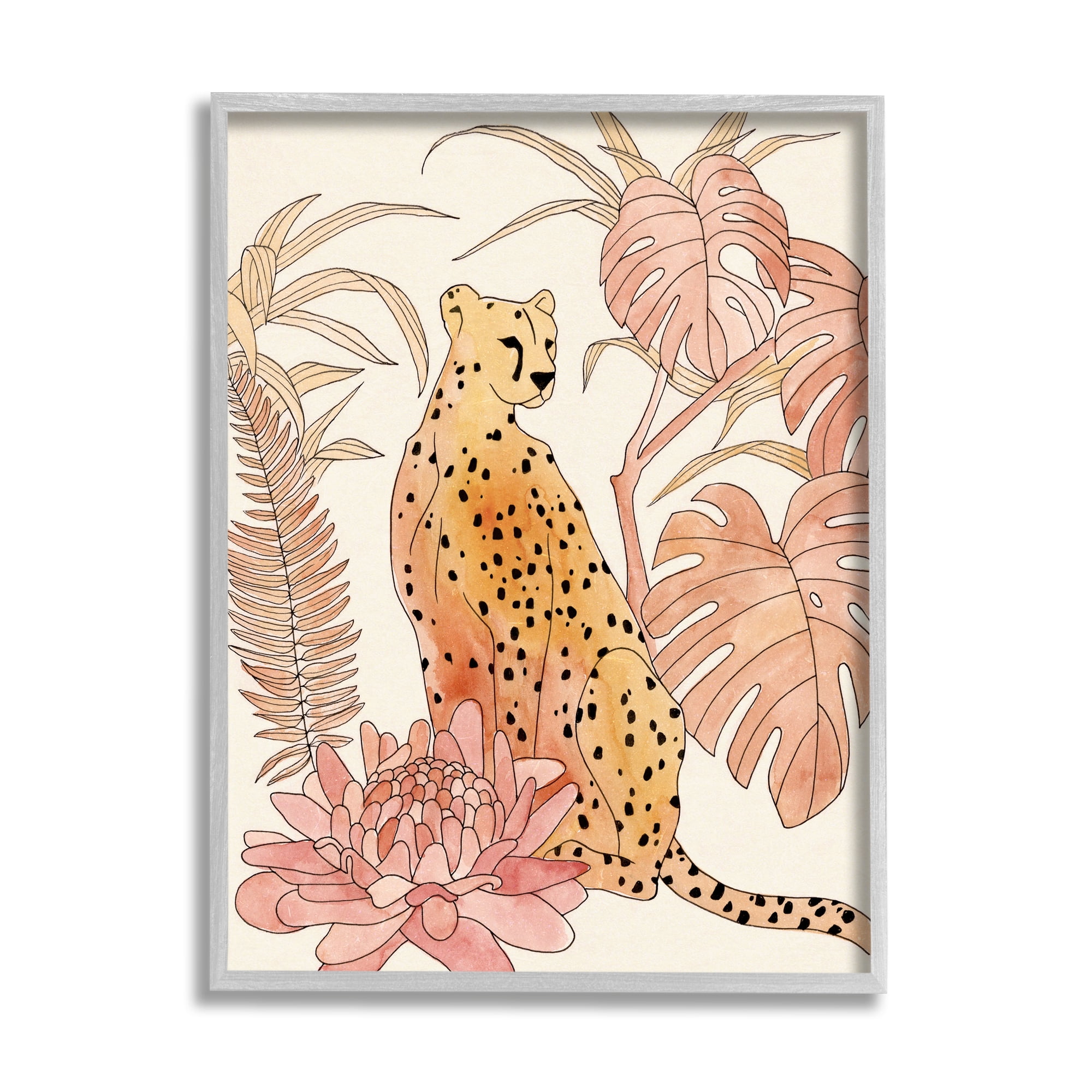 Stupell Industries Poised Cheetah Tropical Blush Monstera Fern Forest Animals & Insects Painting Gray Framed Art Print Wall Art, 11 x 14
