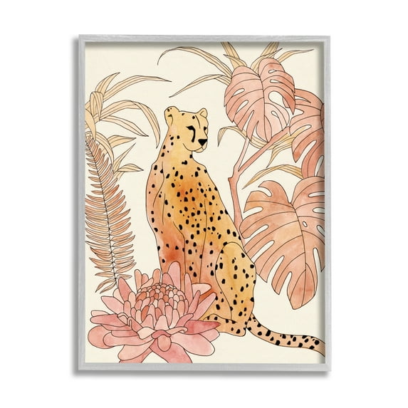Stupell Industries Poised Cheetah Tropical Blush Monstera Fern Forest Animals & Insects Painting Gray Framed Art Print Wall Art, 16 x 20