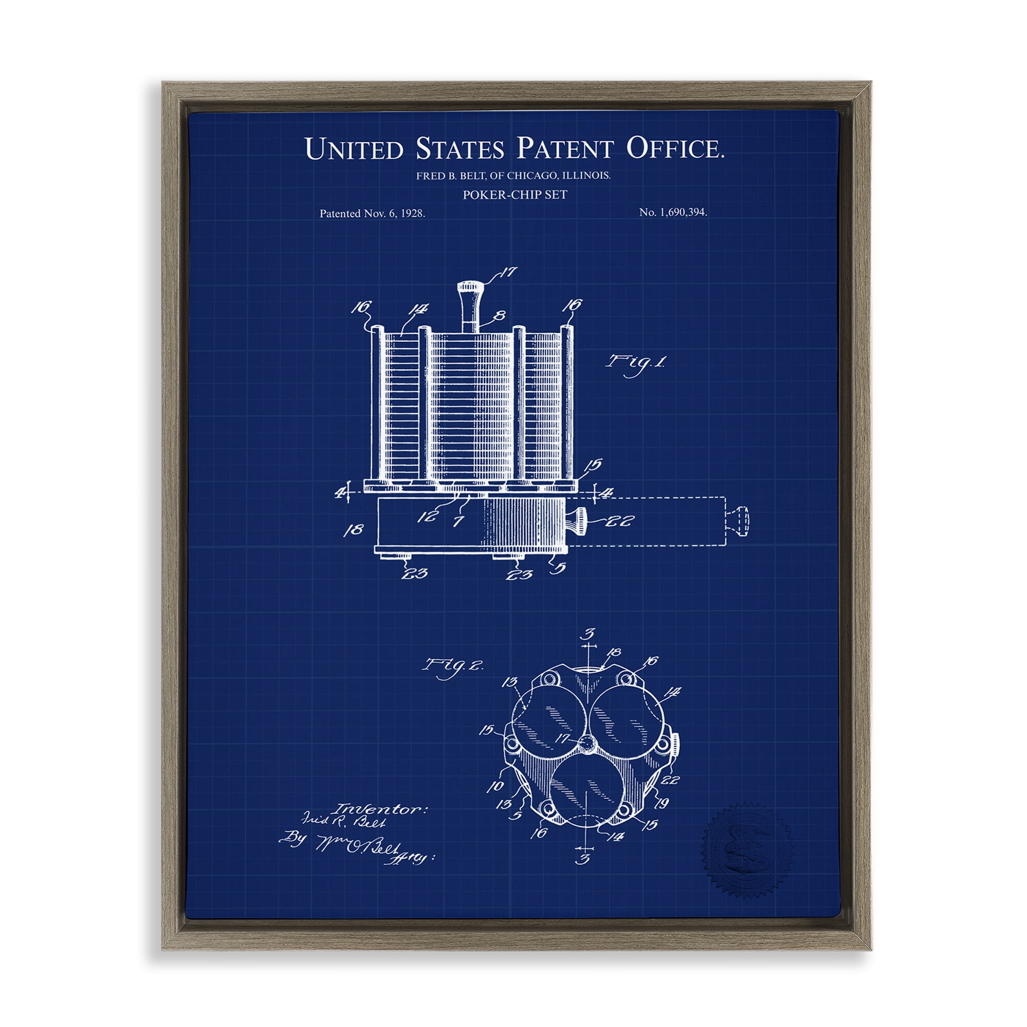 Stupell Industries Poker Chips Blueprint Typography Painting Brown Floater Framed Art Print Wall Art, 17 x 21