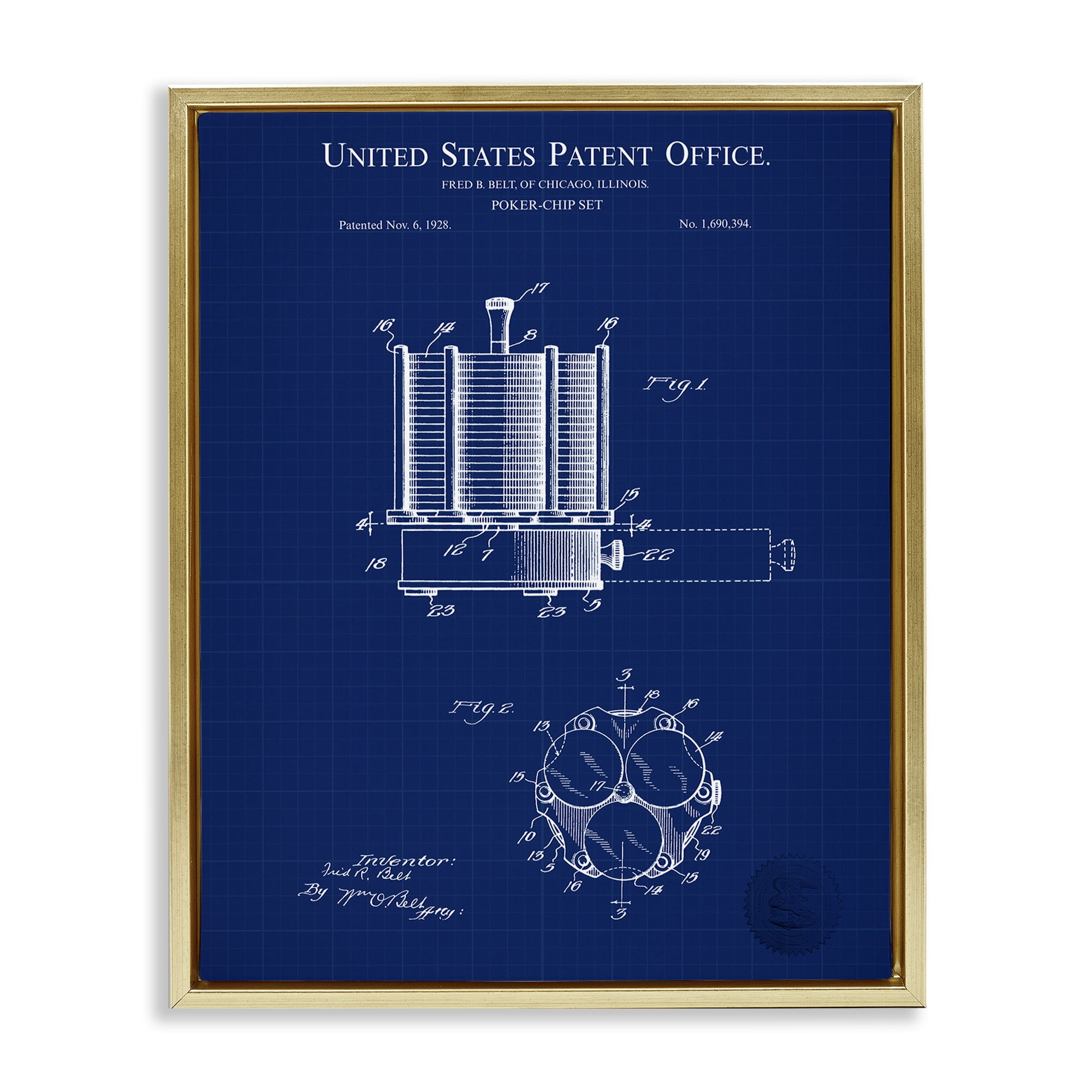 Stupell Industries Poker Chips Blueprint Typography Painting Gold Floater Framed Art Print Wall Art, 17 x 21
