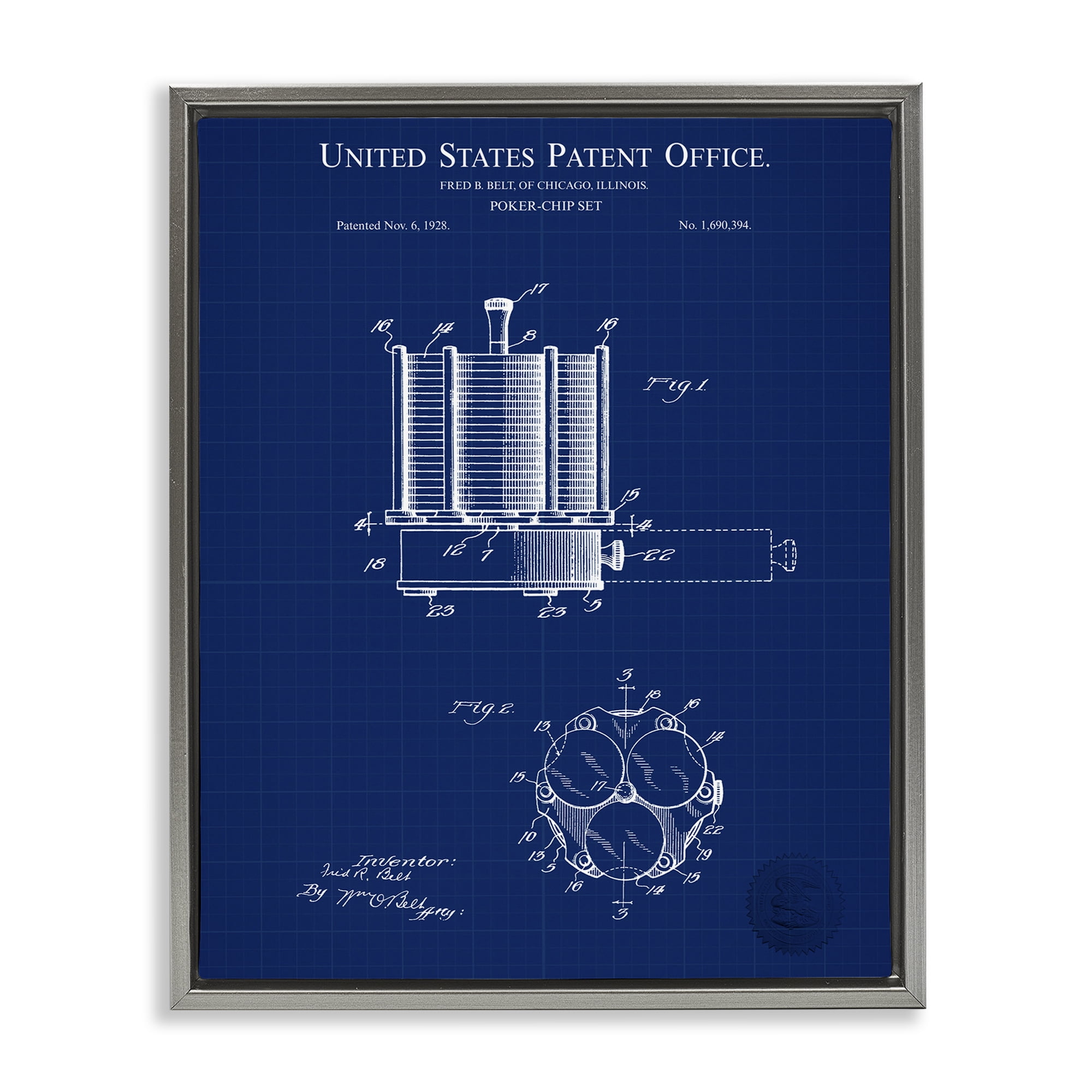 Stupell Industries Poker Chips Blueprint Typography Painting Gray Floater Framed Art Print Wall Art, 25 x 31