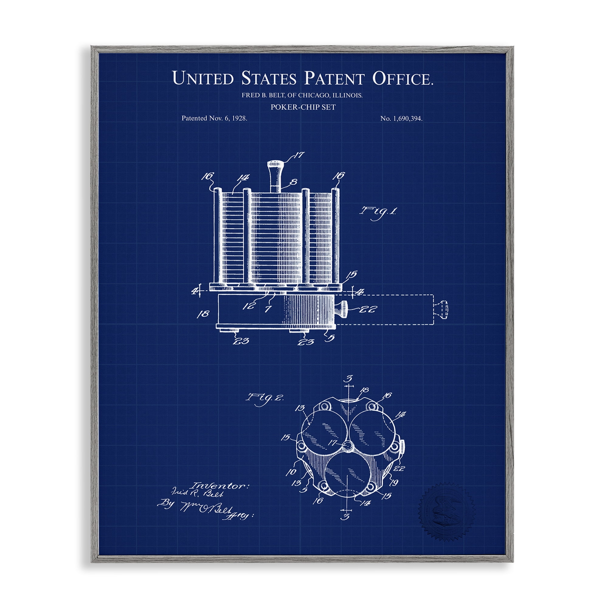Stupell Industries Poker Chips Blueprint Typography Painting Gray Framed Art Print Wall Art, 24 x 30