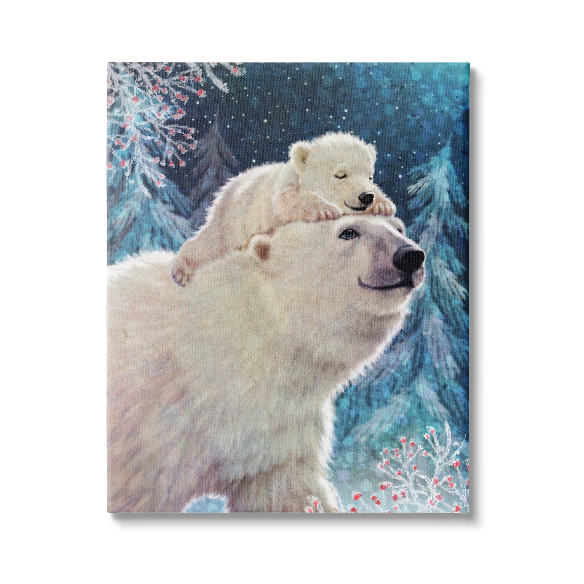 Polar Bear and Cub Winter Scene Canvas Wall Art