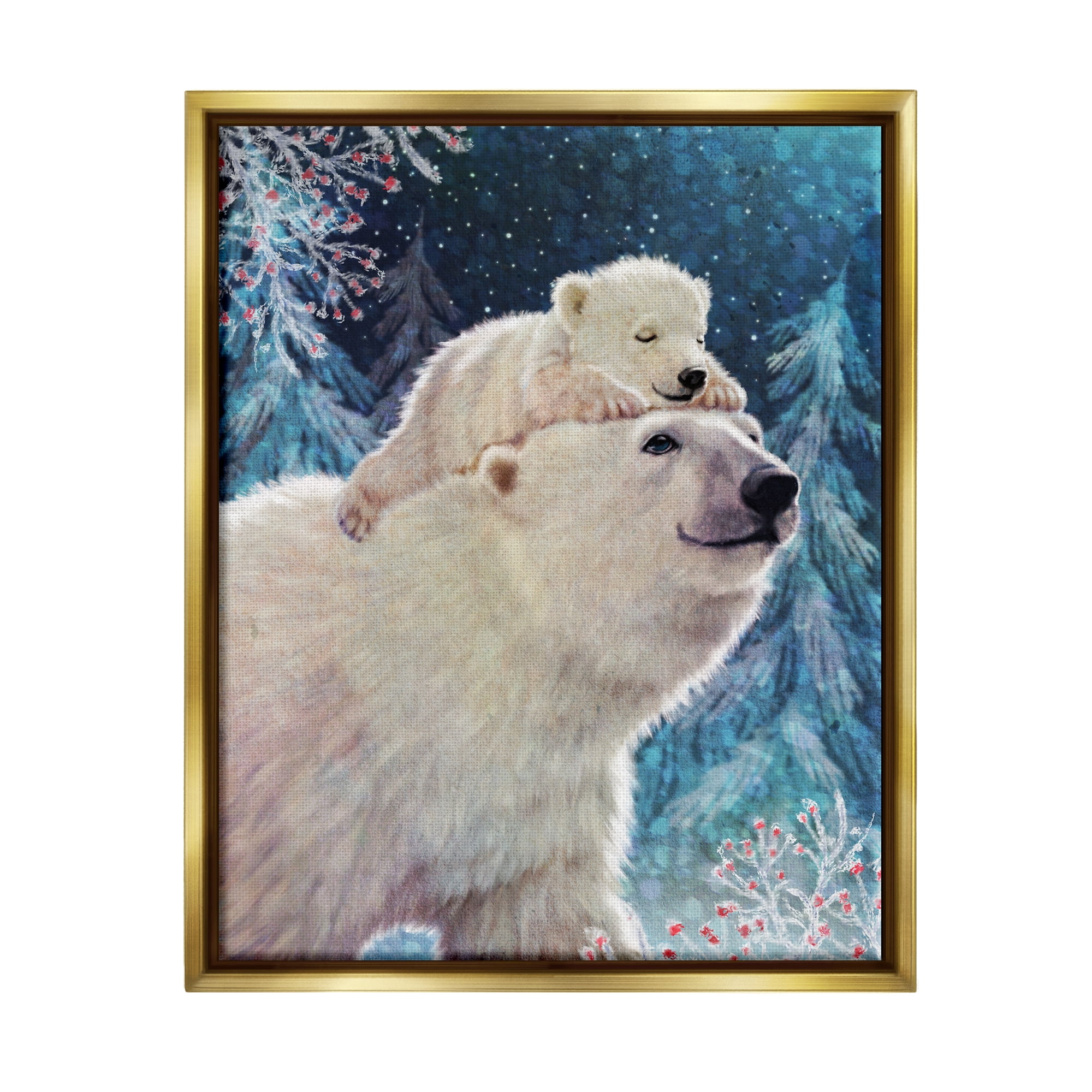 Stupell Industries Polar Bear & Cub Winter Scene Holiday Painting Gold Floater Framed Art Print Wall Art