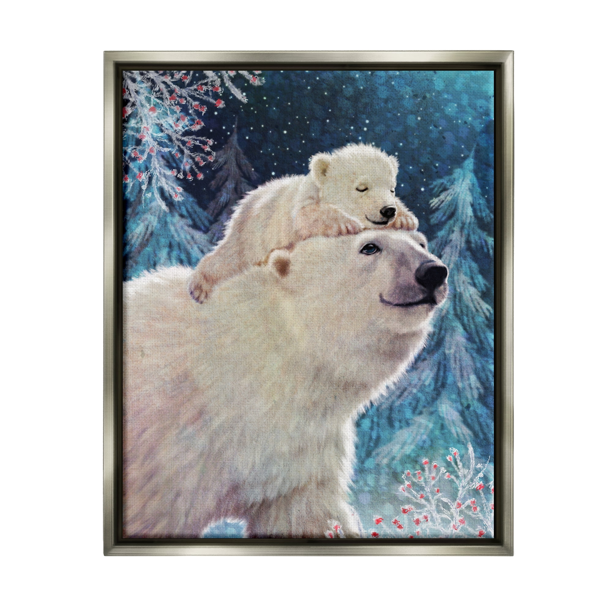 Stupell Industries Polar Bear & Cub Winter Scene Holiday Painting Gray Floater Framed Art Print Wall Art
