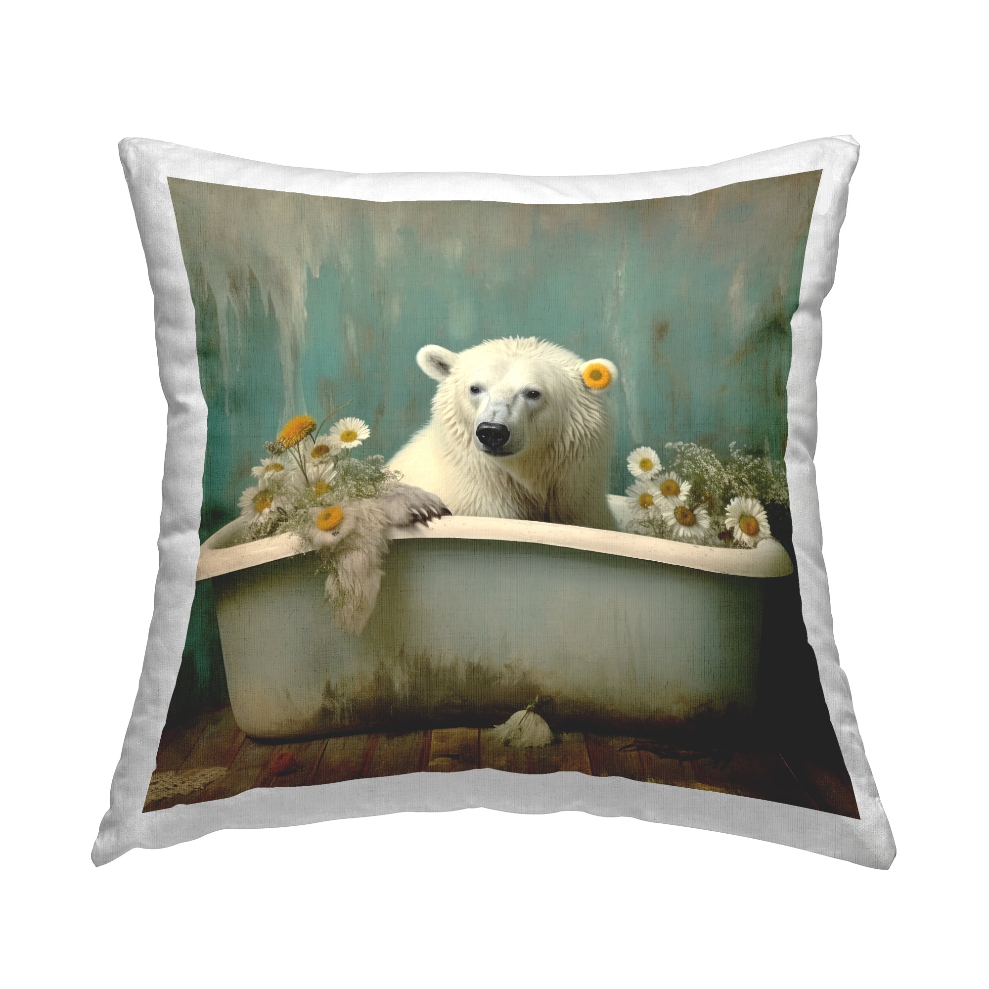 Stupell Industries Polar Bear Daisy Filled Tub Decorative Printed Throw Pillow, 18 x 18