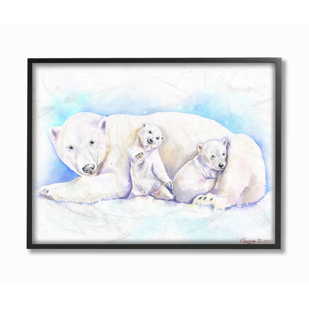 Stupell Industries Polar Bear Family Animal Blue Watercolor Painting Framed Giclee Texturized Art by George Dyachenko