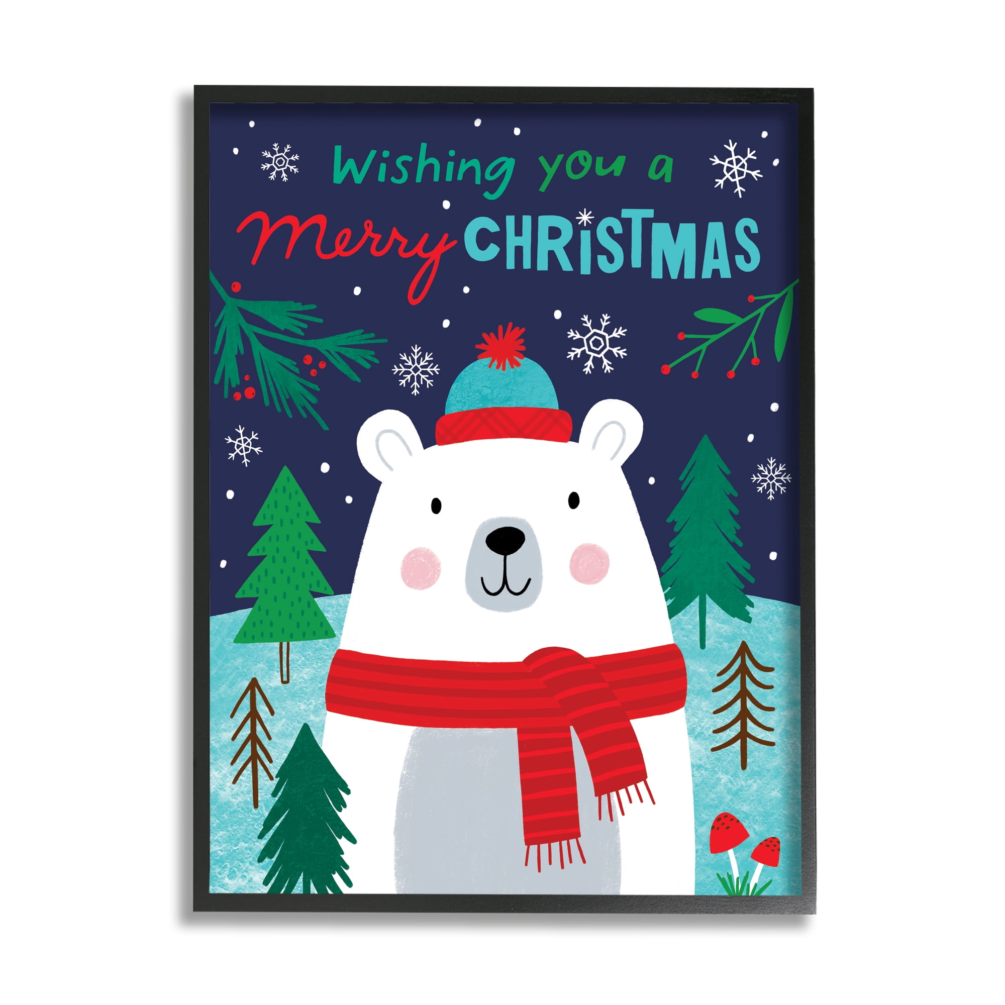 Stupell Industries Polar Bear Forest Wishing You Merry Christmas Phrase Animals & Insects Painting Black Framed Art Print Wall Art, 24 x 30