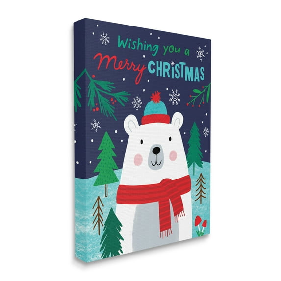 Stupell Industries Polar Bear Forest Wishing You Merry Christmas Phrase Animals & Insects Painting Gallery Wrapped Canvas Print Wall Art, 16 x 20