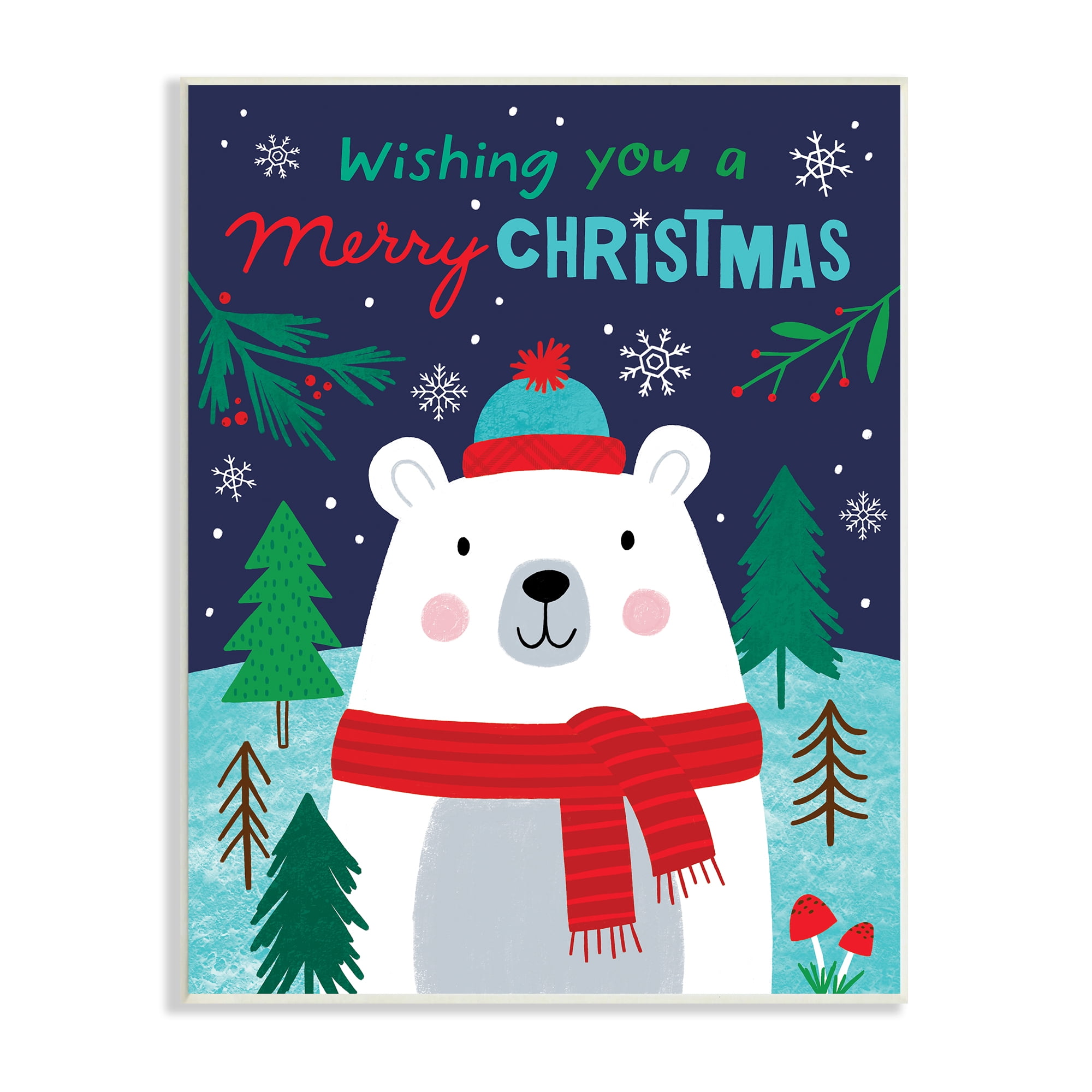 Stupell Industries Polar Bear Forest Wishing You Merry Christmas Phrase Animals & Insects Painting Unframed Art Print Wall Art, 10 x 15