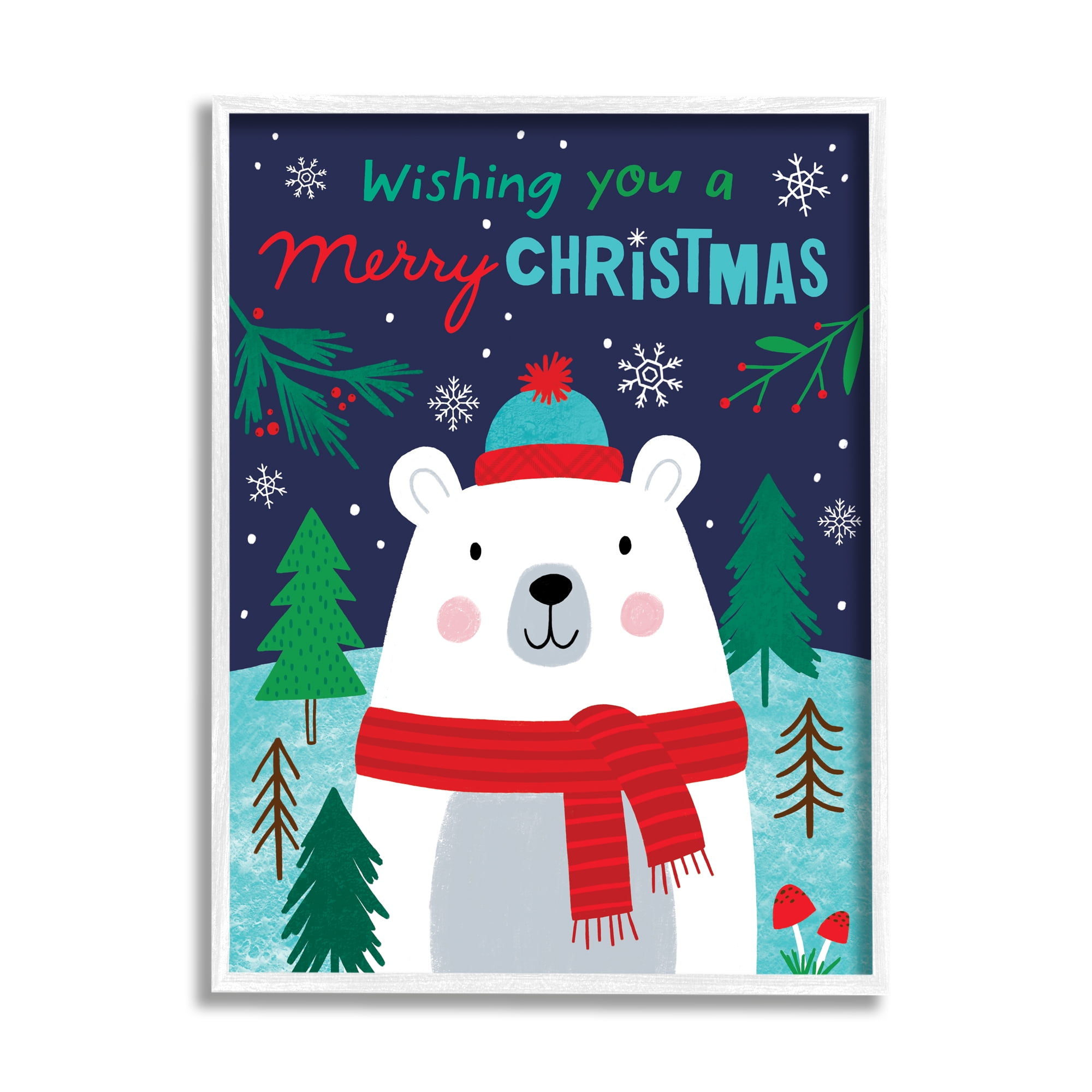 Stupell Industries Polar Bear Forest Wishing You Merry Christmas Phrase Animals & Insects Painting White Framed Art Print Wall Art, 11 x 14