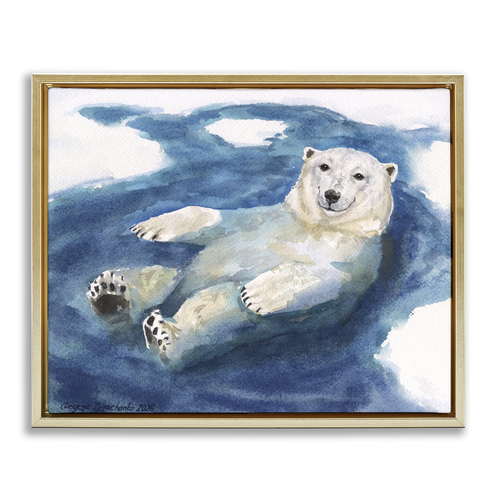 Stupell Industries Polar Bear Icy Bath Time Gold Framed Floater Canvas Wall Art, design by George Dyachenko