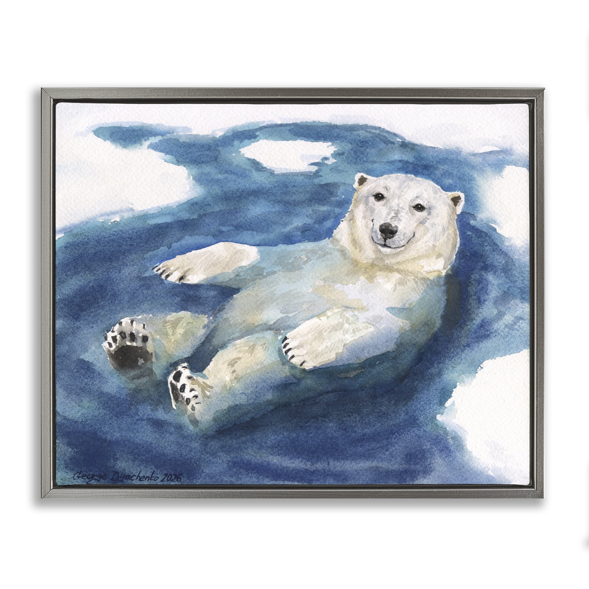 Stupell Industries Polar Bear Icy Bath Time Gray Framed Floater Canvas Wall Art, design by George Dyachenko