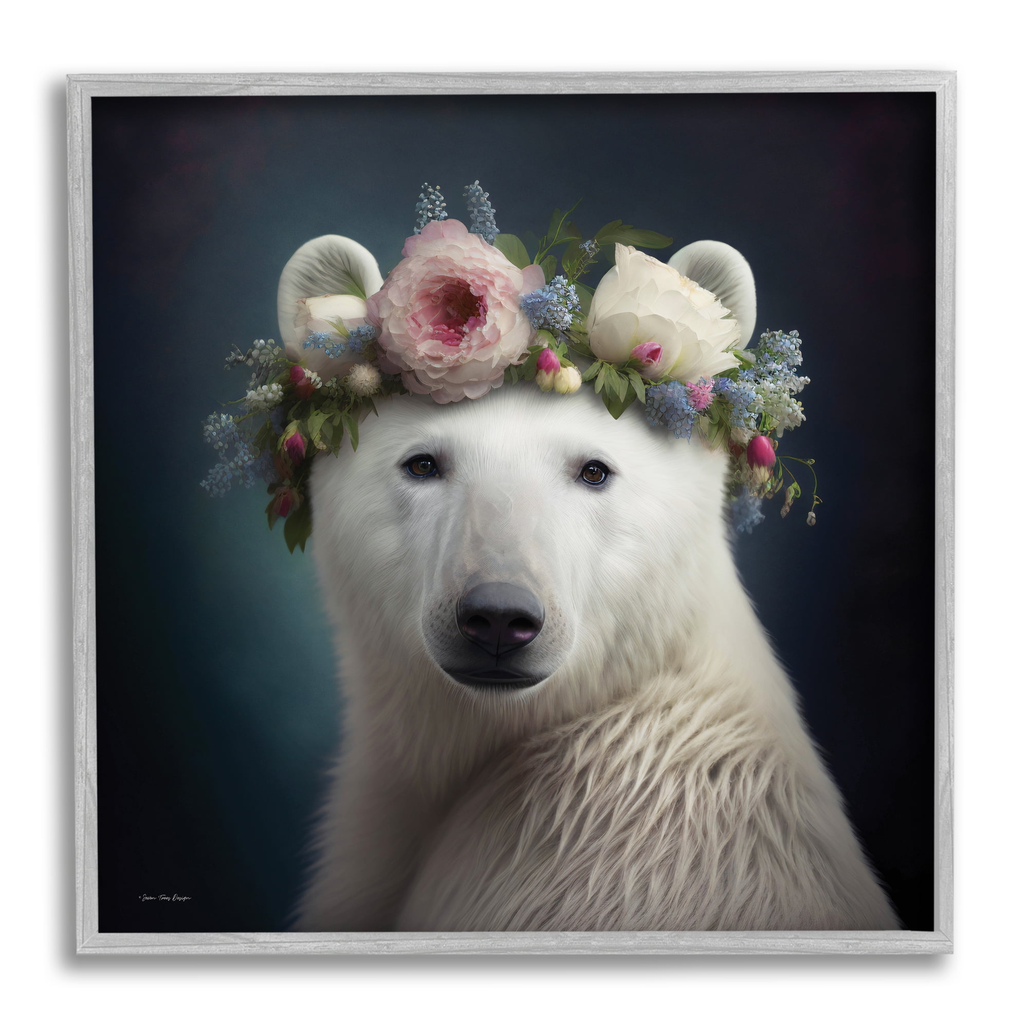 Stupell Industries Polar Bear & Rose Garland Animals & Insects Painting Gray Framed Art Print Wall Art, 17 x 17