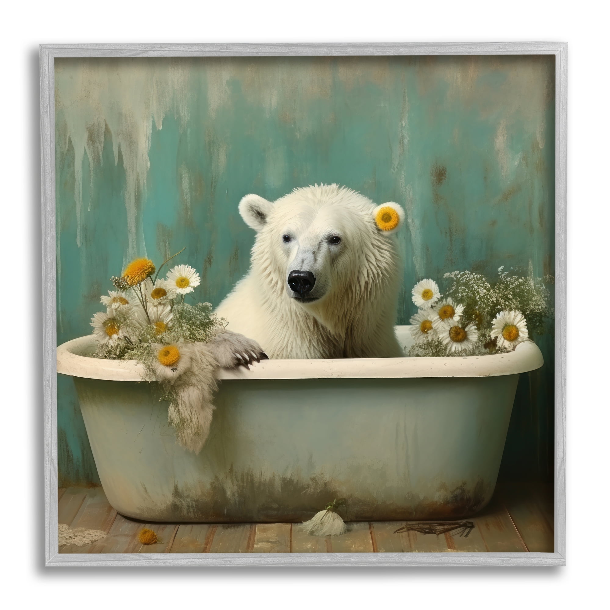 Stupell Industries Polar Bear Vintage Tub Animals & Insects Painting Gray Framed Art Print Wall Art, 24 x 24