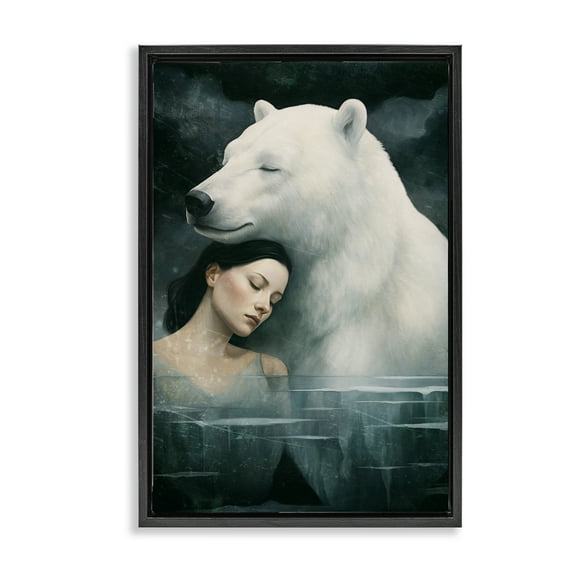 Stupell Industries Polar Bear & Woman Animals Painting Black Floater Framed Canvas Art Print Wall Art, 17 x 25