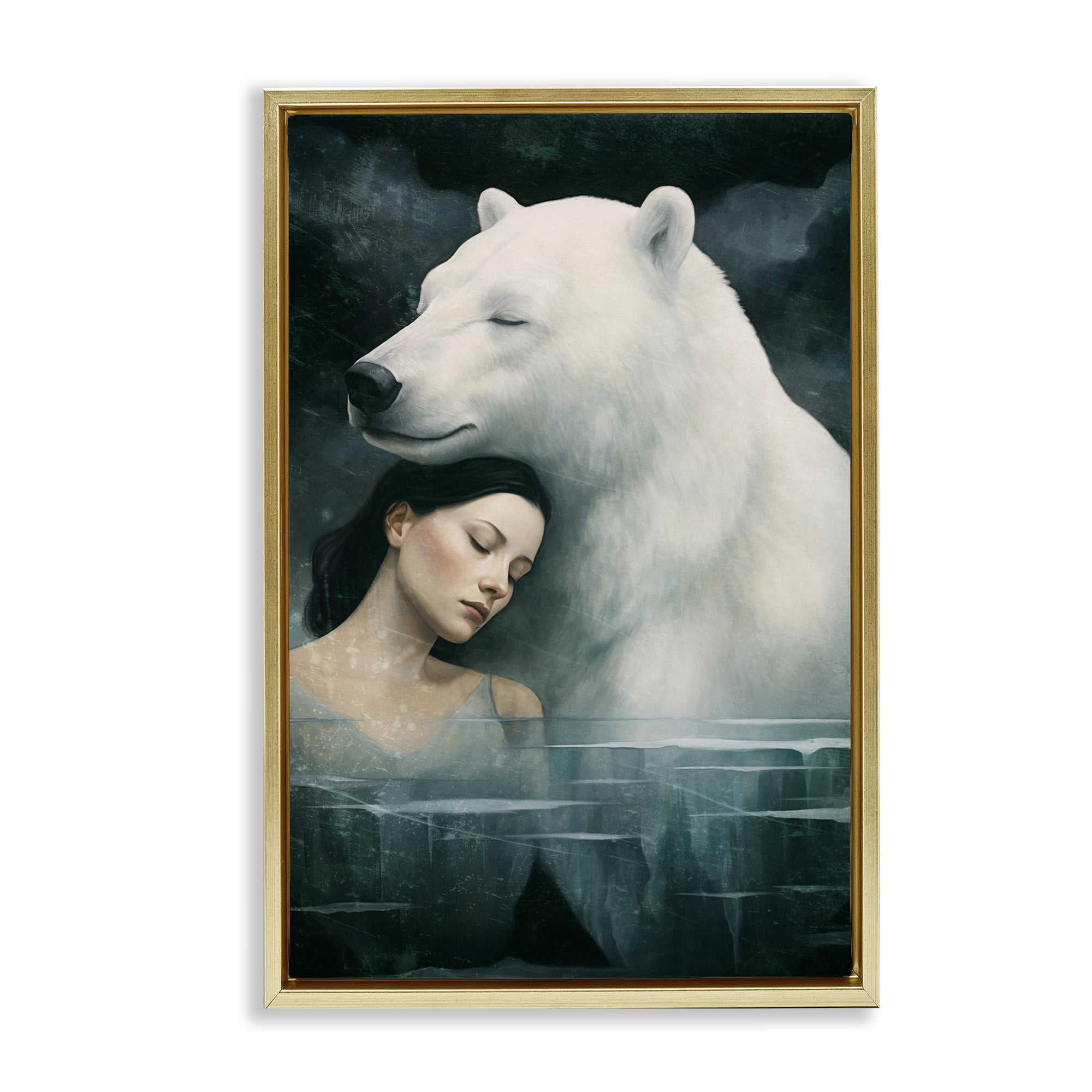 Stupell Industries Polar Bear & Woman Animals Painting Gold Floater Framed Canvas Art Print Wall Art, 21 x 31