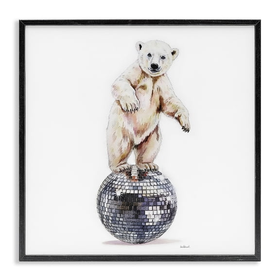 Stupell Industries Polar Bear on Disco Ball Animals Painting Black Framed Art Print Wall Art, 12 x 12