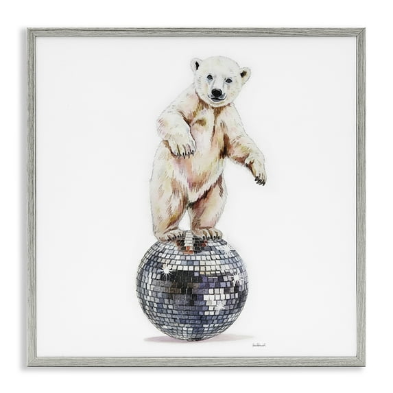 Stupell Industries Polar Bear on Disco Ball Animals Painting Gray Framed Art Print Wall Art, 24 x 24