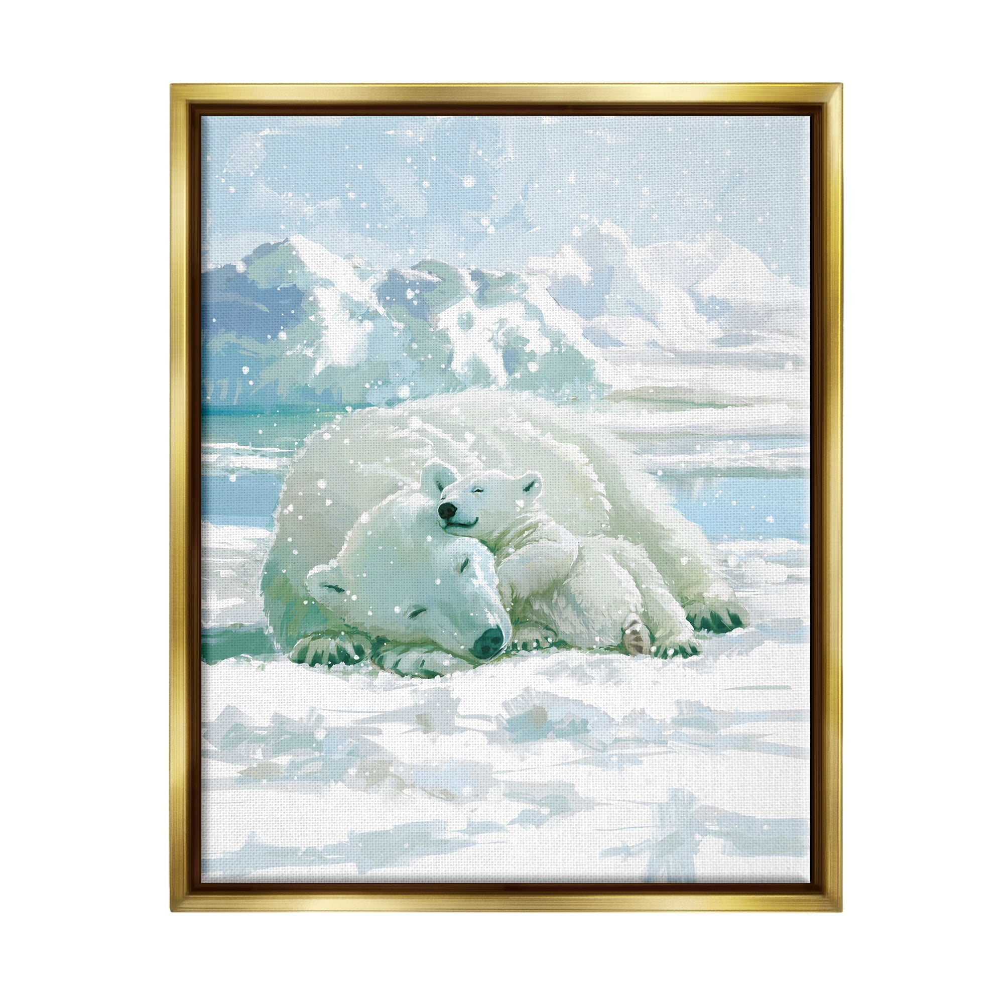 Stupell Industries Polar Bears Cuddling Snowy Scene Animals & Insects Painting Gold Floater Framed Art Print Wall Art