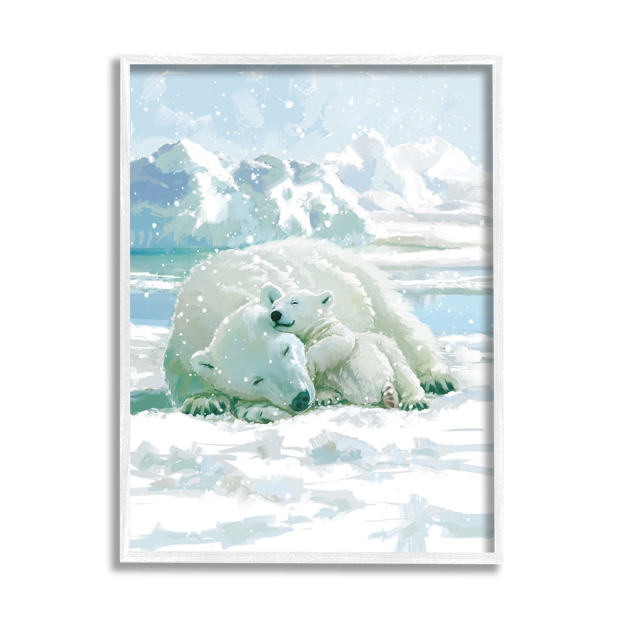 White Framed Polar Bears Cuddling Snowy Scene Canvas Print