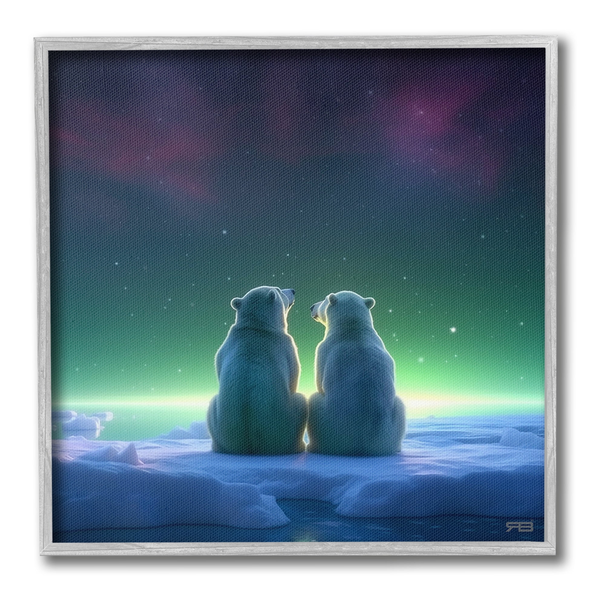 Stupell Industries Polar Bears & Northern Lights Animals & Insects Painting Gray Framed Art Print Wall Art, 12 x 12