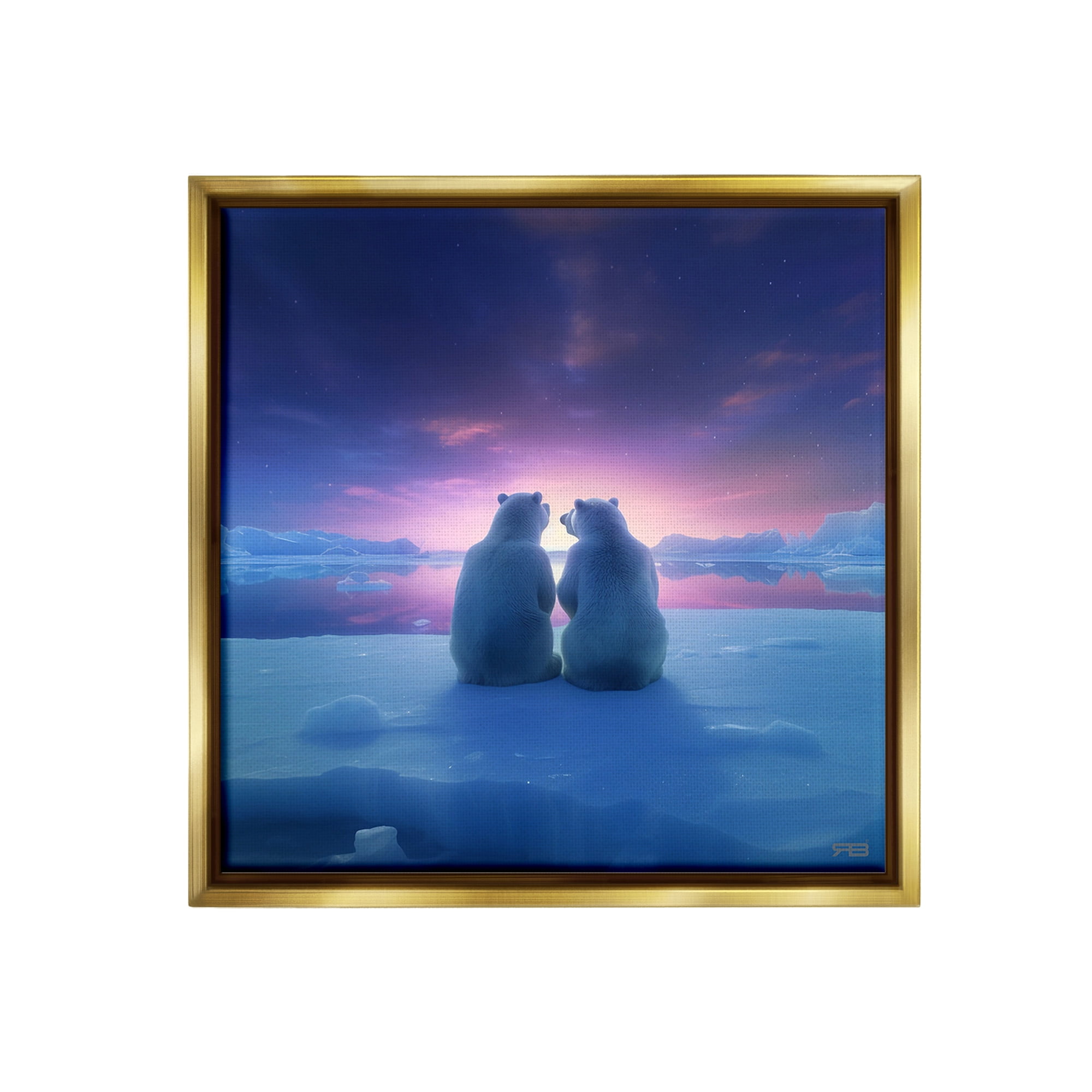 Stupell Industries Polar Bears at Sunset Animals & Insects Painting Gold Floater Framed Canvas Art Print Wall Art, 18 x 18