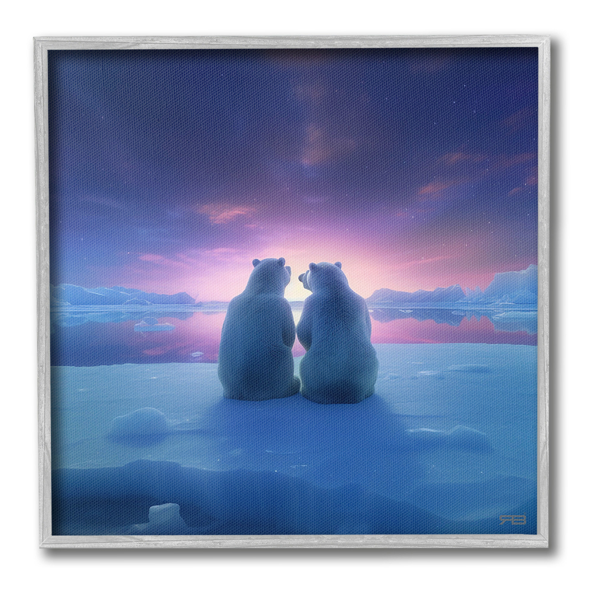 Stupell Industries Polar Bears at Sunset Animals & Insects Painting Gray Framed Art Print Wall Art, 12 x 12