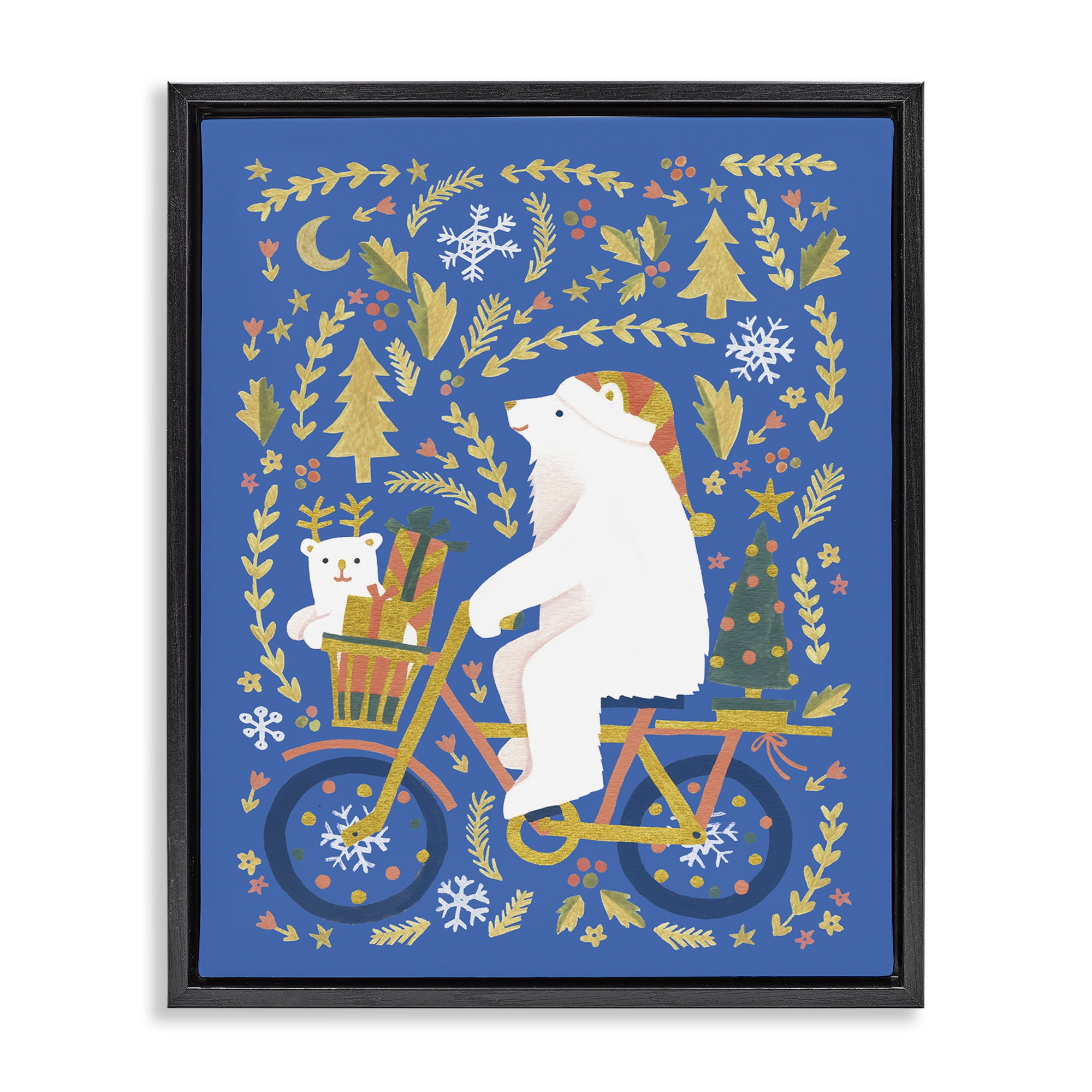 Stupell Industries Polar Bears on Bicycle Animals Painting Black Floater Framed Canvas Art Print Wall Art, 17 x 21