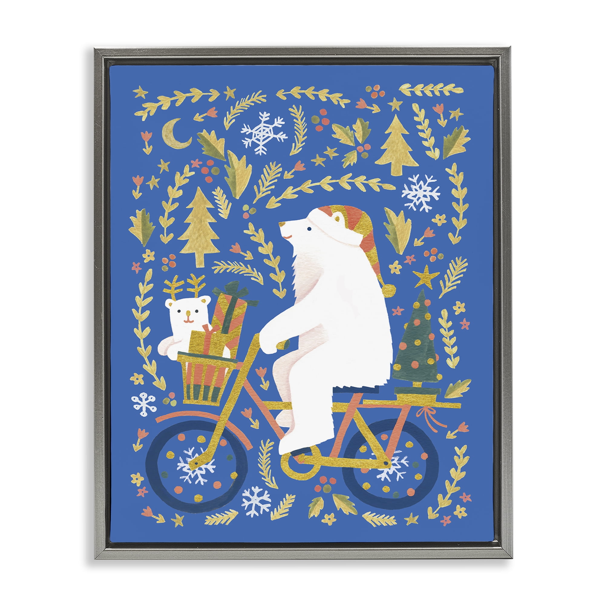 Stupell Industries Polar Bears on Bicycle Animals Painting Gray Floater Framed Canvas Art Print Wall Art, 25 x 31