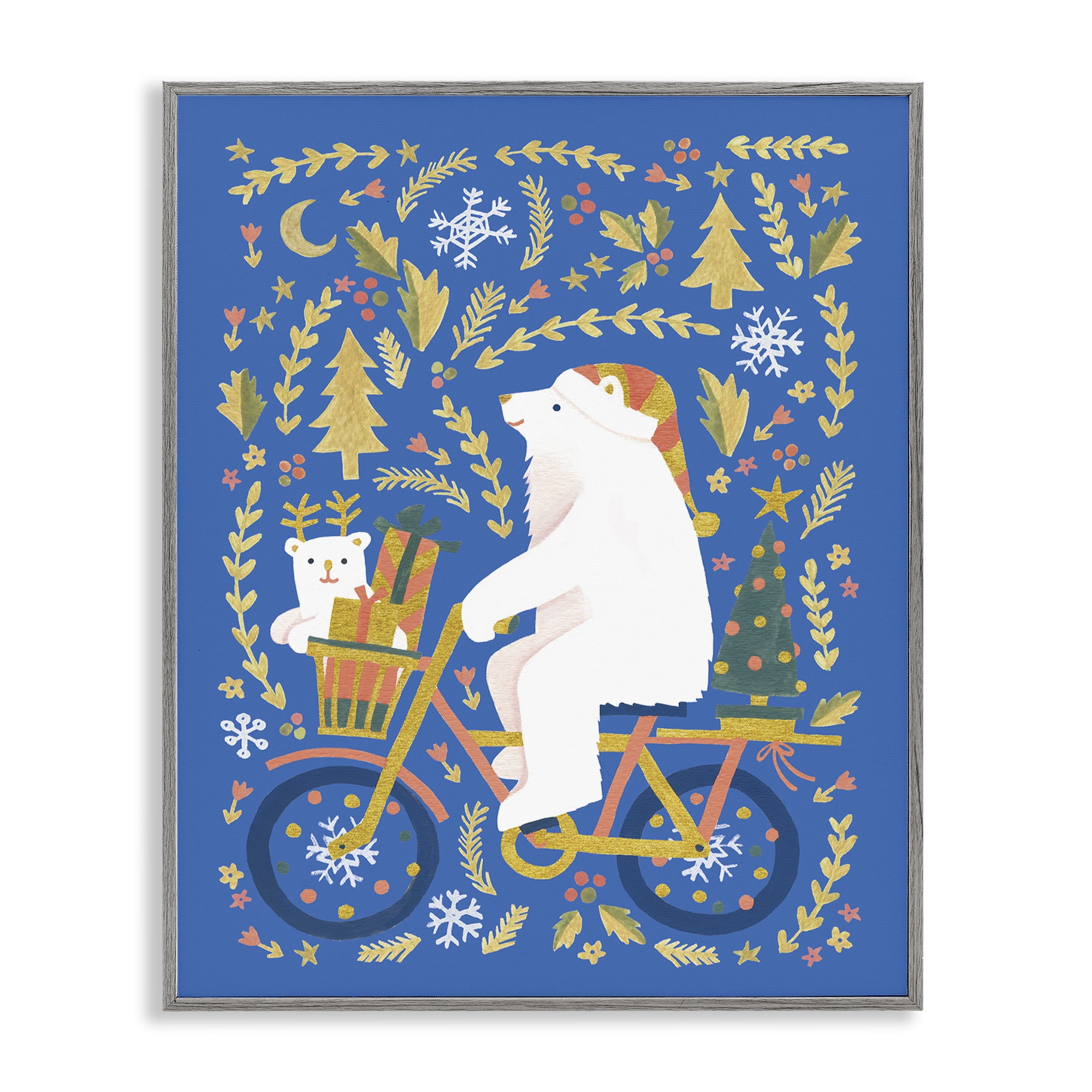 Stupell Industries Polar Bears on Bicycle Animals Painting Gray Framed Art Print Wall Art, 11 x 14