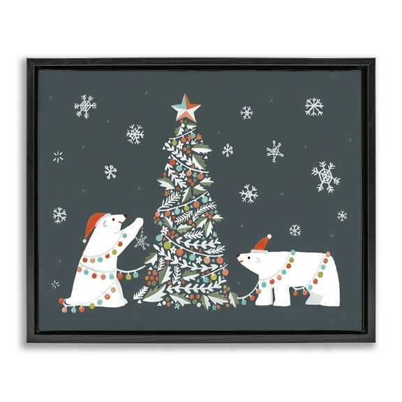 Stupell Industries Polar Bears with Christmas Tree Holiday Painting Black Floater Framed Canvas Art Prints Wall Art, 21 x 17