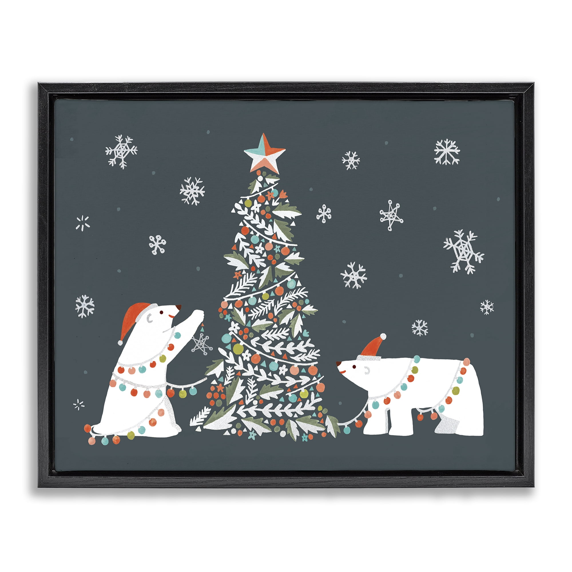 Stupell Industries Polar Bears with Christmas Tree Holiday Painting Black Floater Framed Canvas Art Prints Wall Art, 31 x 25