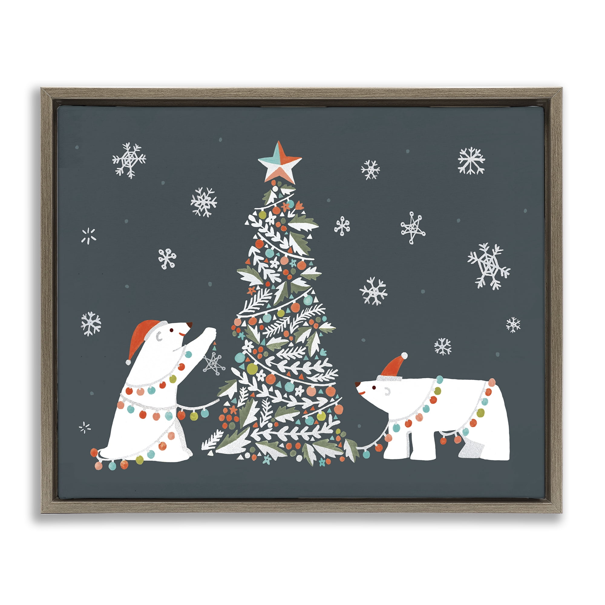 Stupell Industries Polar Bears with Christmas Tree Holiday Painting Brown Floater Framed Canvas Art Prints Wall Art, 31 x 25