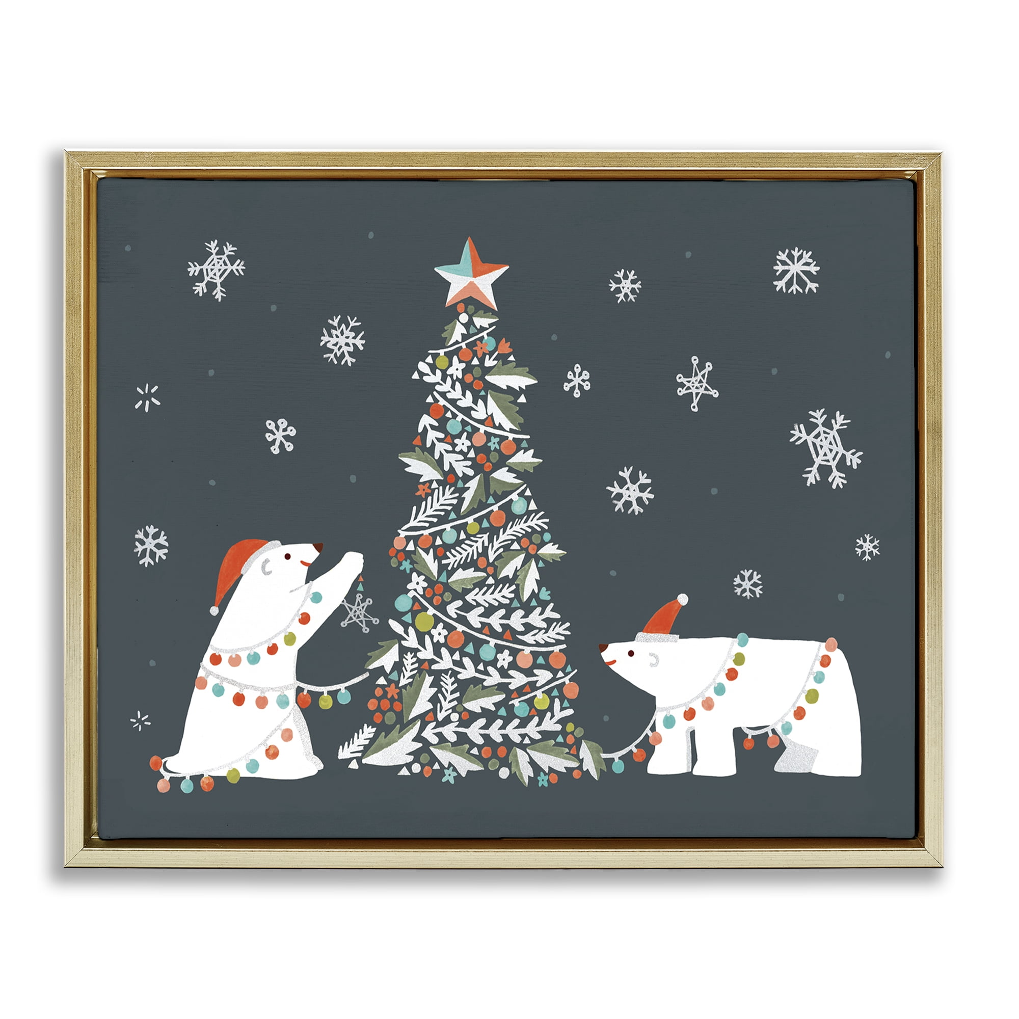 Stupell Industries Polar Bears with Christmas Tree Holiday Painting Gold Floater Framed Canvas Art Prints Wall Art, 31 x 25