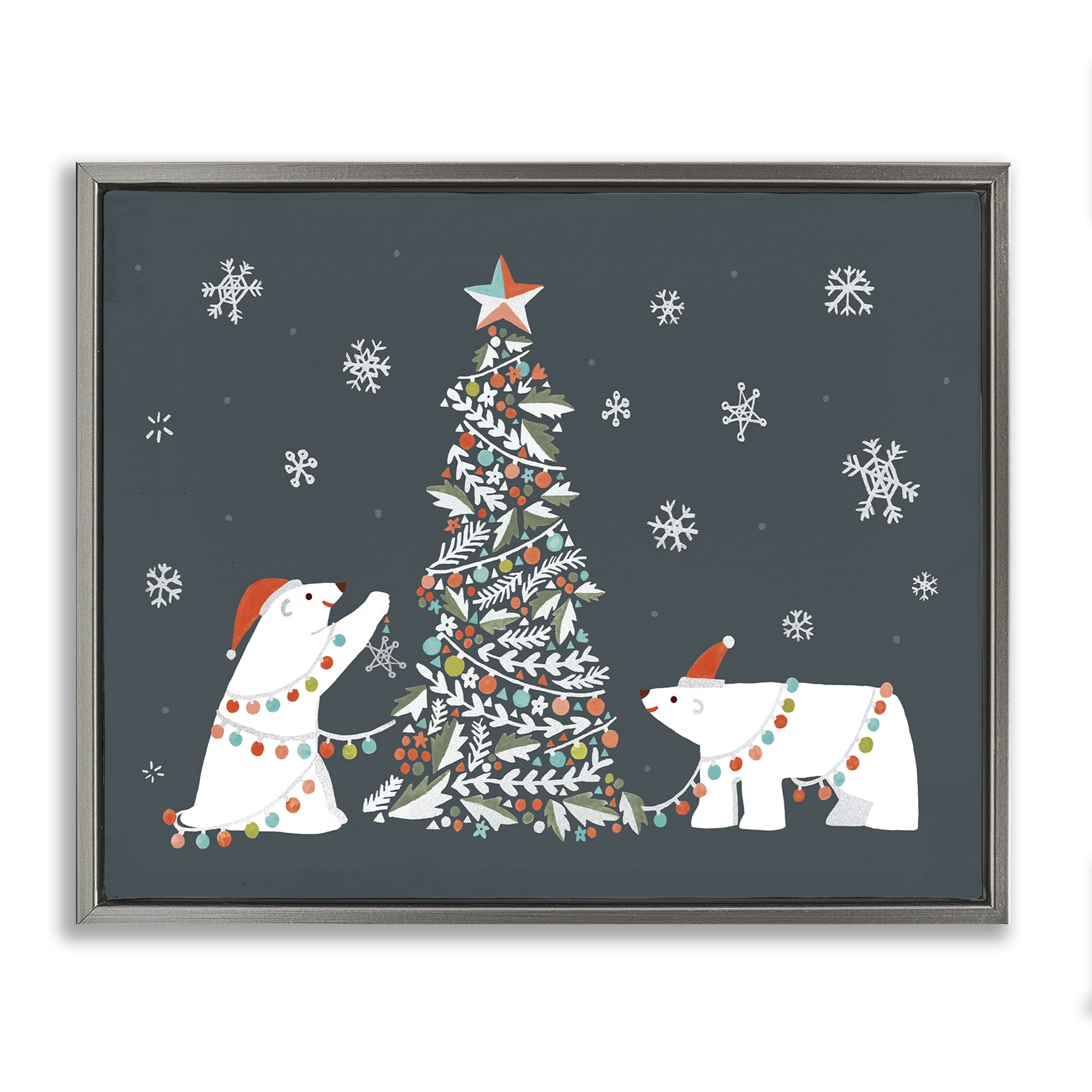 Stupell Industries Polar Bears with Christmas Tree Holiday Painting Gray Floater Framed Canvas Art Prints Wall Art, 31 x 25
