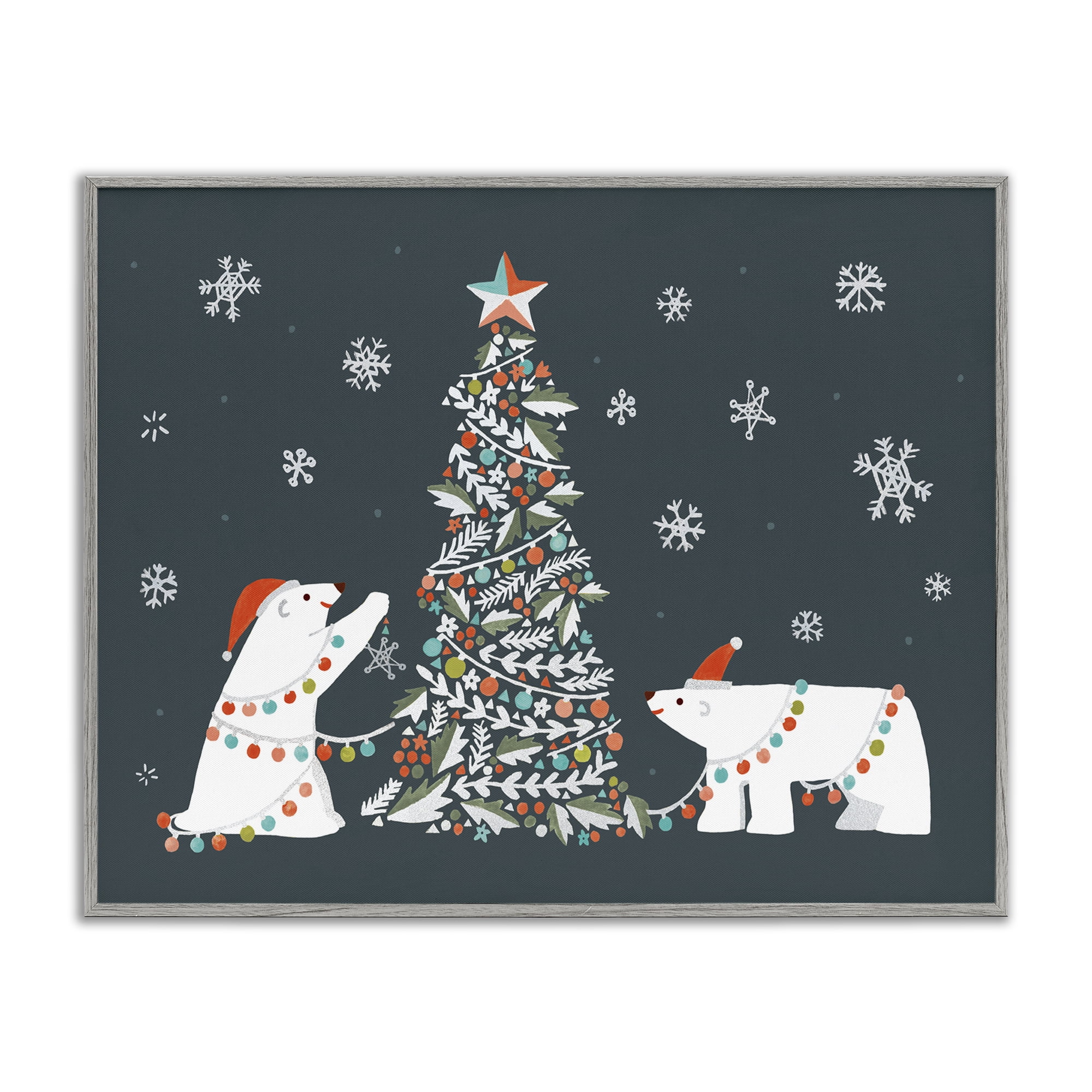 Stupell Industries Polar Bears with Christmas Tree Holiday Painting Gray Framed Art Prints Wall Art, 20 x 16