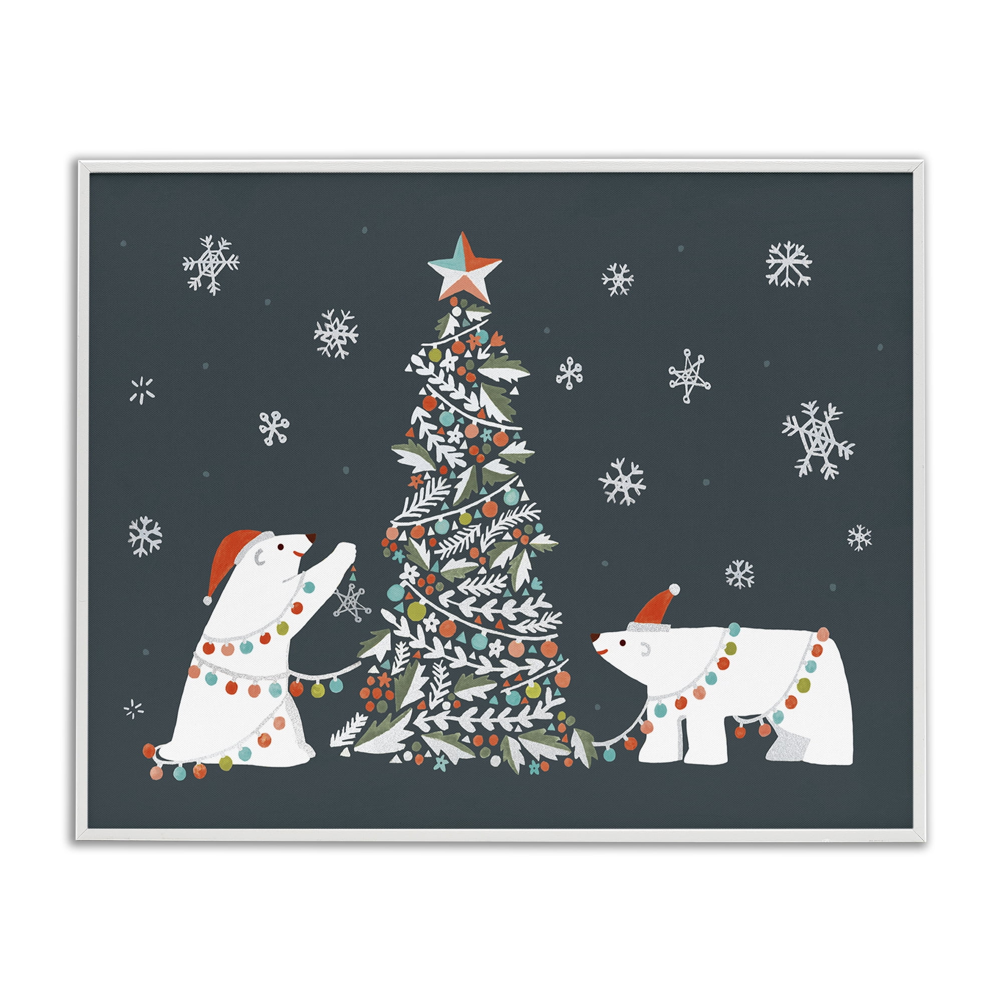 Stupell Industries Polar Bears with Christmas Tree Holiday Painting White Framed Art Prints Wall Art, 20 x 16